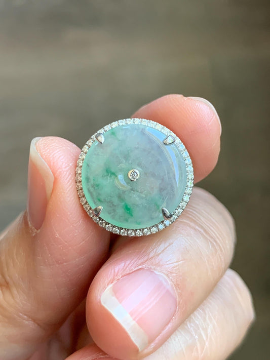 Certified Natural Grade A Icy Translucent Green Marbled Jade Jadeite Ping An Kou Donut Pendant Bracelet Sterling Silver 天然白冰胶飘花翡翠平安扣吊坠手牌 241