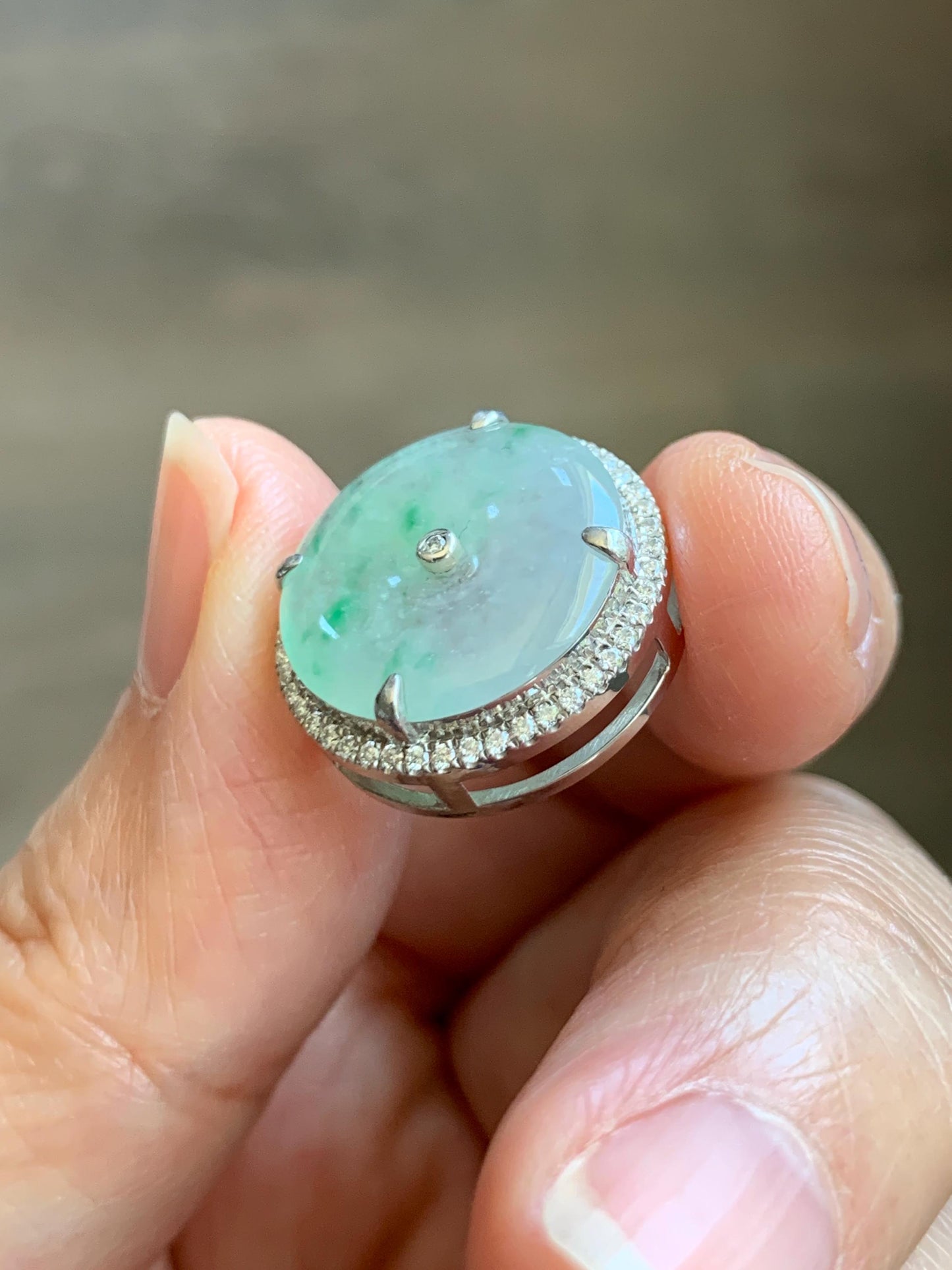 Certified Natural Grade A Icy Translucent Green Marbled Jade Jadeite Ping An Kou Donut Pendant Bracelet Sterling Silver 天然白冰胶飘花翡翠平安扣吊坠手牌 241