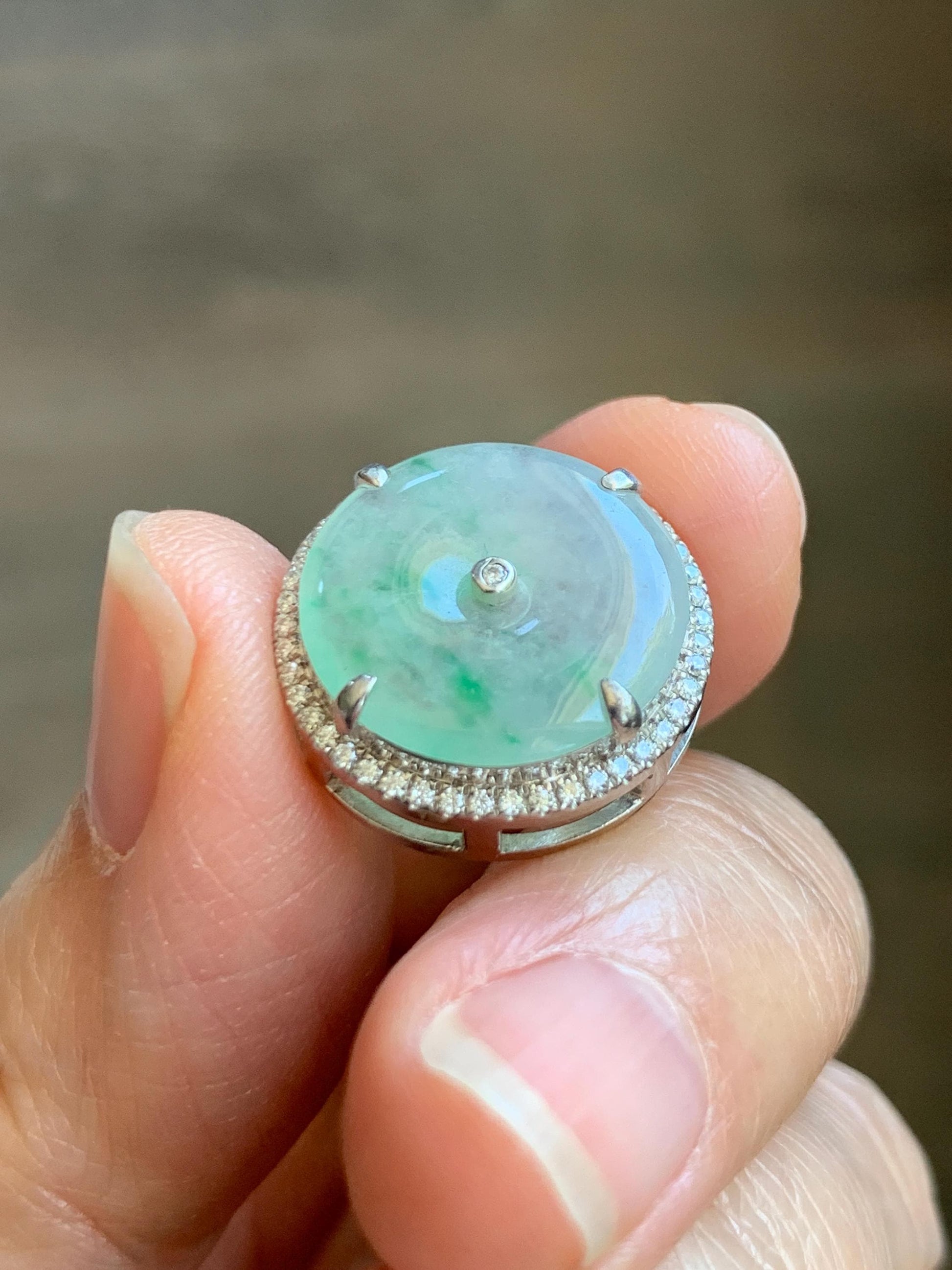 Certified Natural Grade A Icy Translucent Green Marbled Jade Jadeite Ping An Kou Donut Pendant Bracelet Sterling Silver 天然白冰胶飘花翡翠平安扣吊坠手牌 241