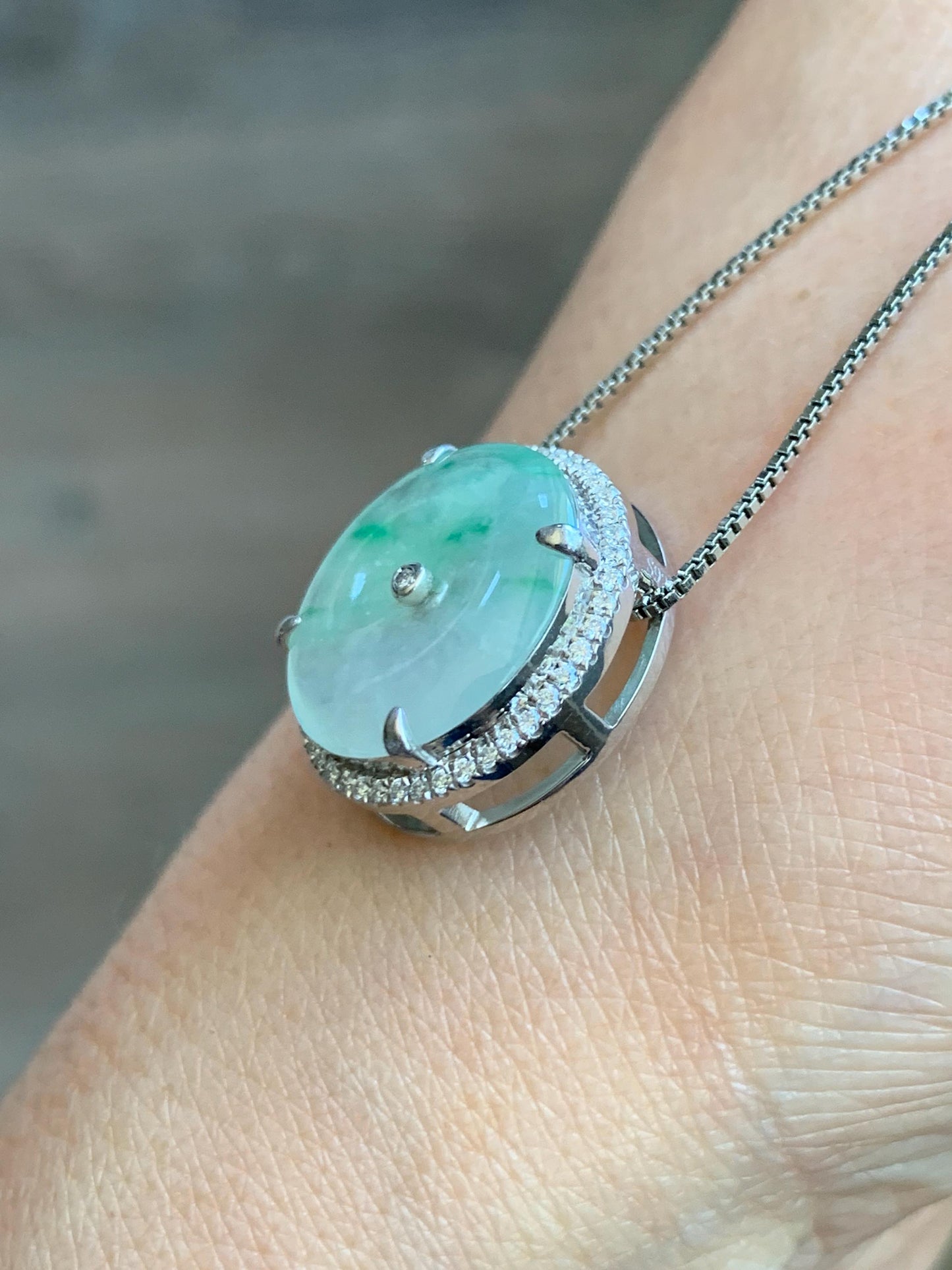 Certified Natural Grade A Icy Translucent Green Marbled Jade Jadeite Ping An Kou Donut Pendant Bracelet Sterling Silver 天然白冰胶飘花翡翠平安扣吊坠手牌 241
