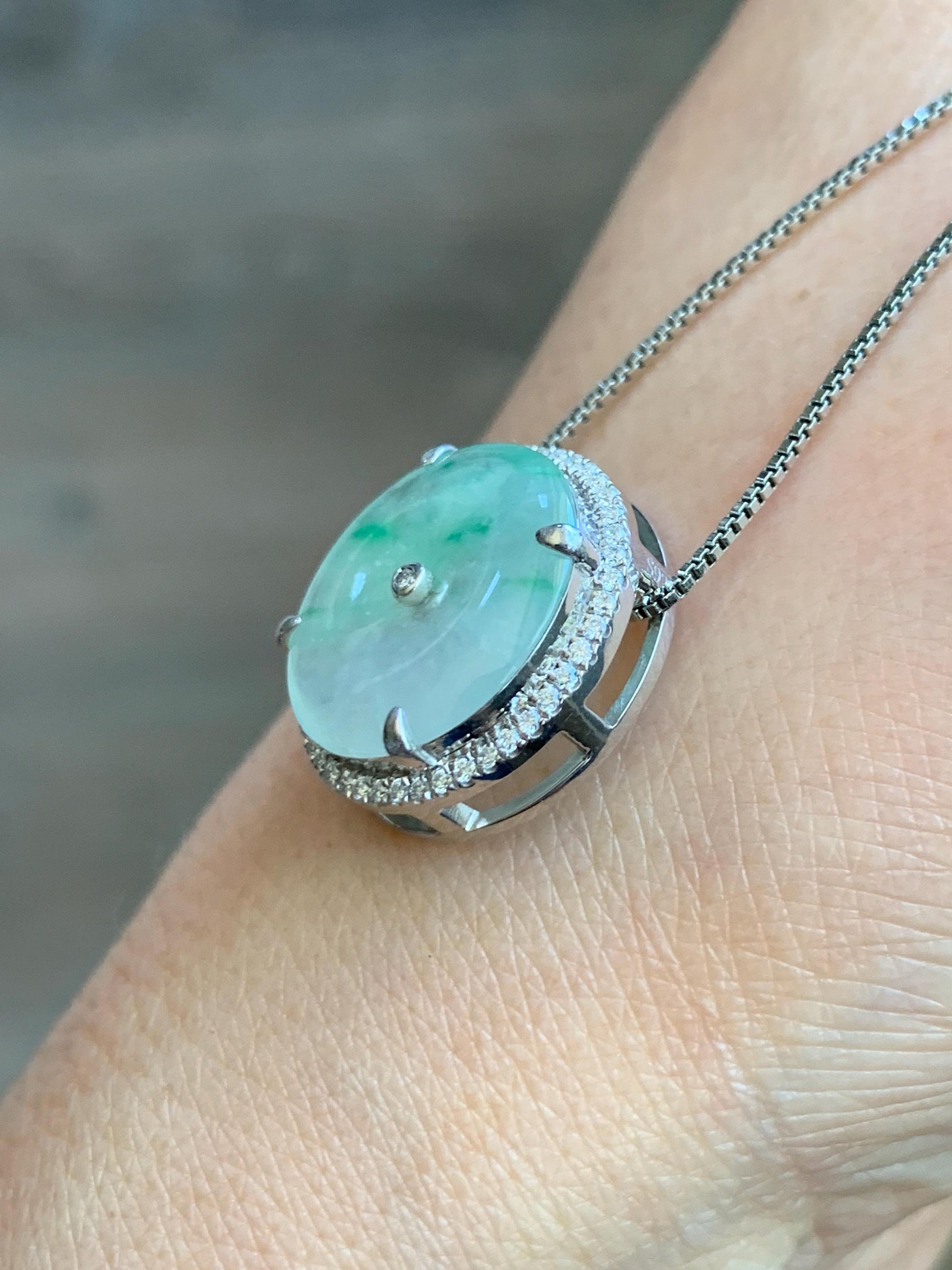 Certified Natural Grade A Icy Translucent Green Marbled Jade Jadeite Ping An Kou Donut Pendant Bracelet Sterling Silver 天然白冰胶飘花翡翠平安扣吊坠手牌 241