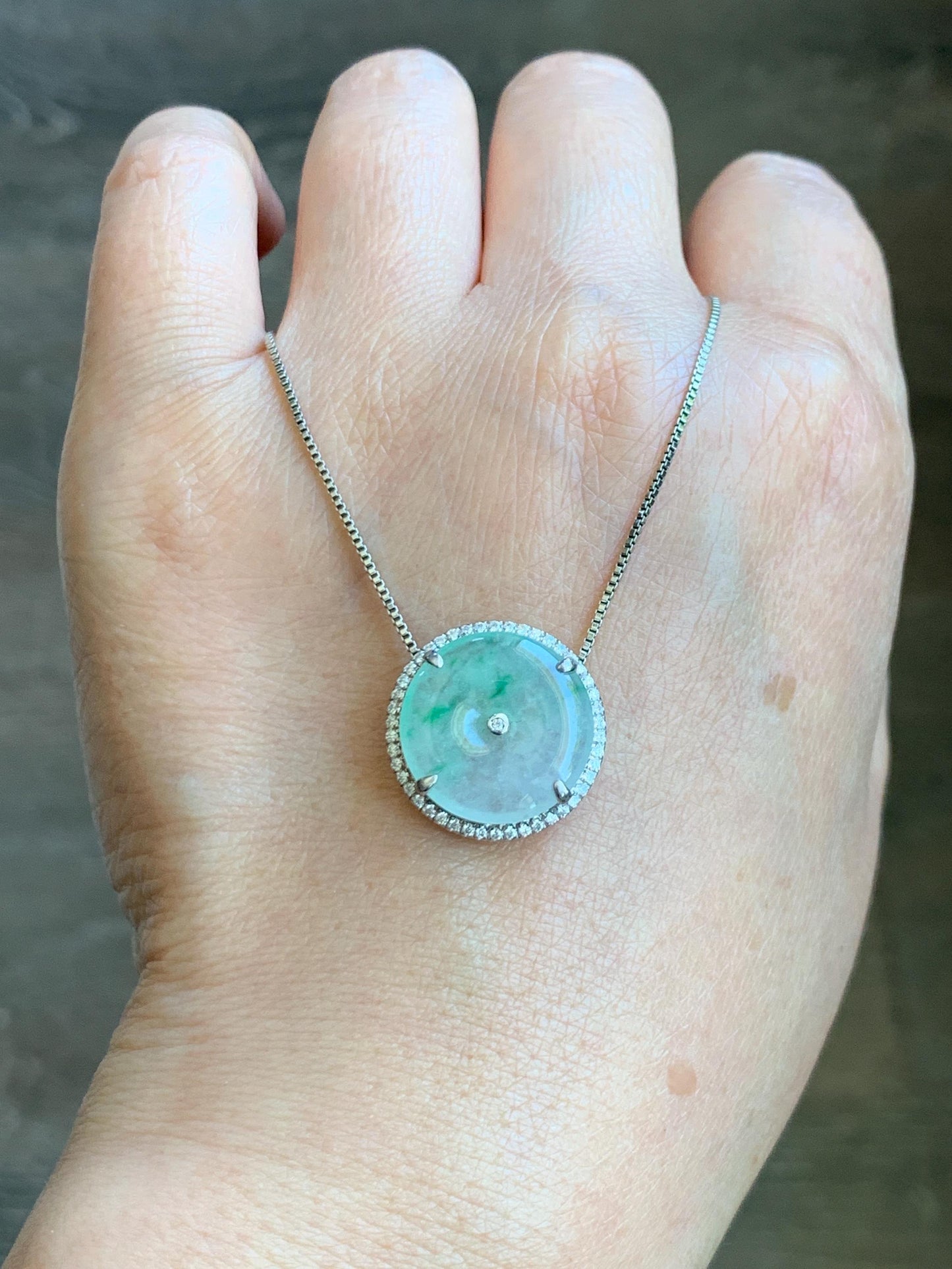 Certified Natural Grade A Icy Translucent Green Marbled Jade Jadeite Ping An Kou Donut Pendant Bracelet Sterling Silver 天然白冰胶飘花翡翠平安扣吊坠手牌 241