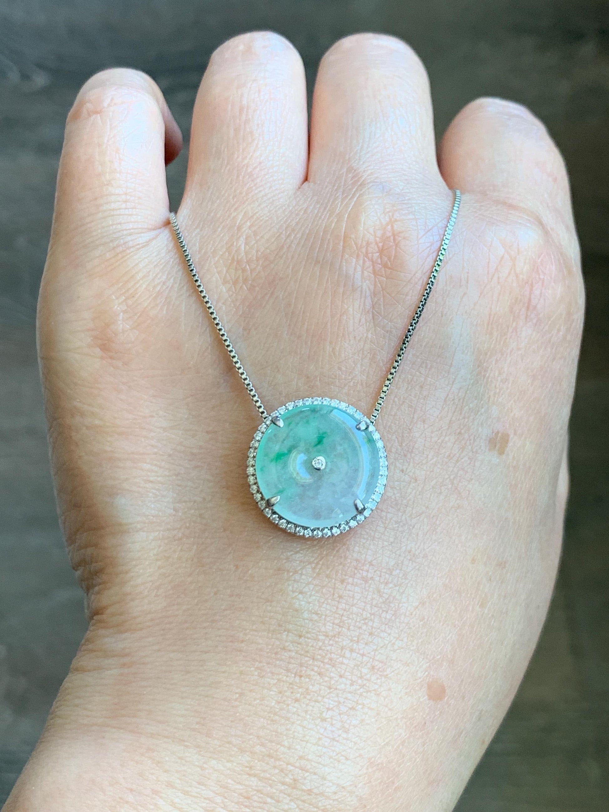 Certified Natural Grade A Icy Translucent Green Marbled Jade Jadeite Ping An Kou Donut Pendant Bracelet Sterling Silver 天然白冰胶飘花翡翠平安扣吊坠手牌 241