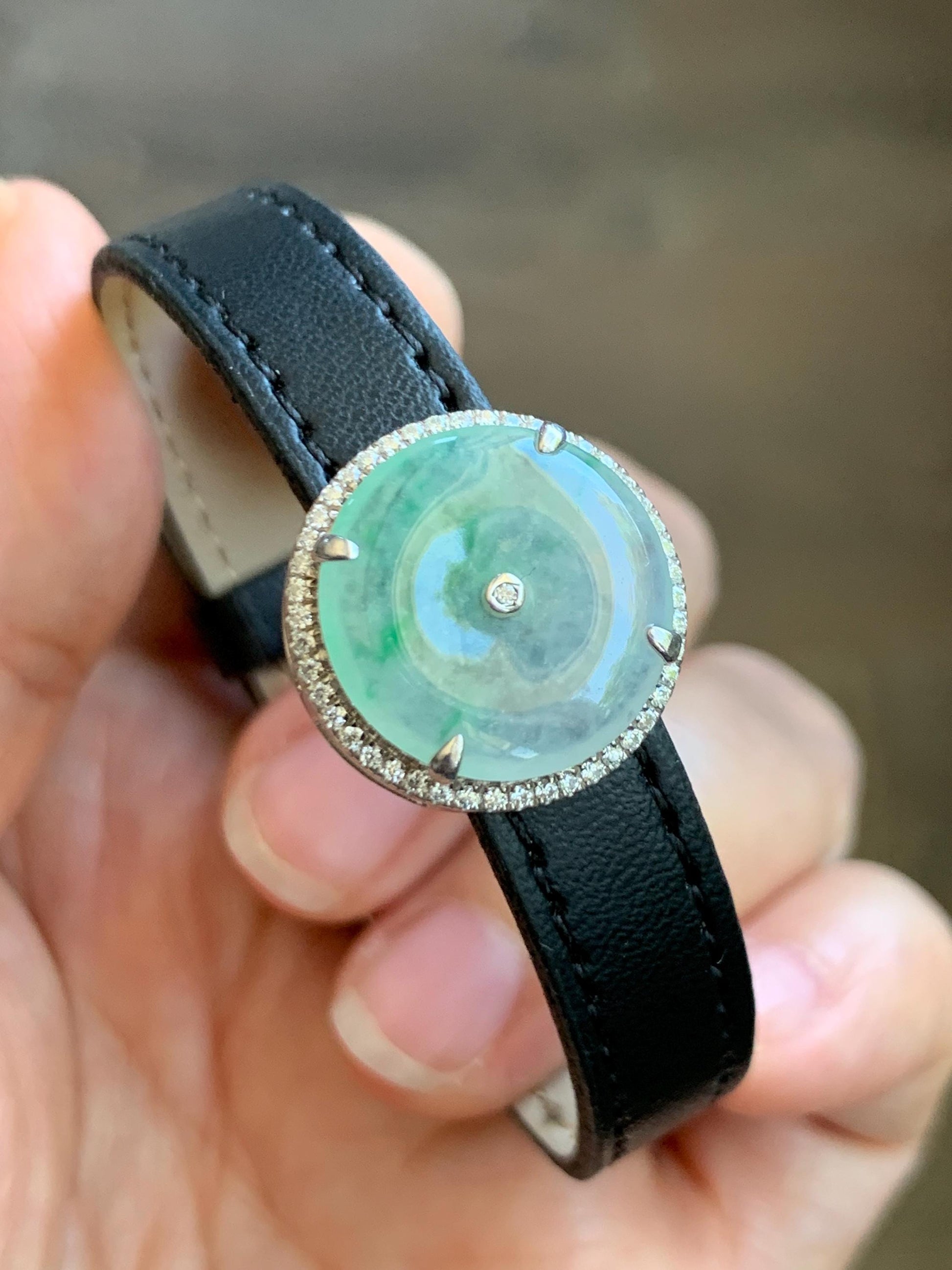 Certified Natural Grade A Icy Translucent Green Marbled Jade Jadeite Ping An Kou Donut Pendant Bracelet Sterling Silver 天然白冰胶飘花翡翠平安扣吊坠手牌 241