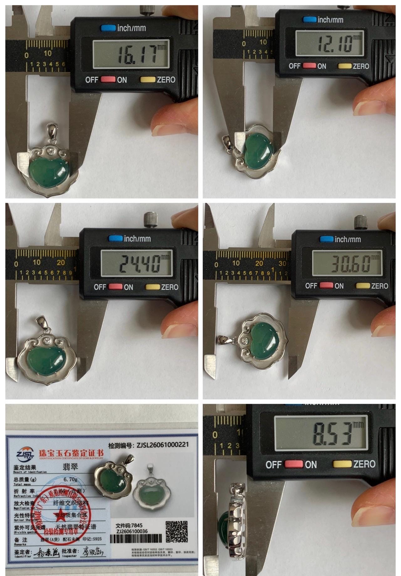 Certified Natural Grade A Guatemalan Icy Translucent Teal Green Jade Jadeite Heart Ruyi Lock Pendant Sterling Silver 6.7g 天然冰危绿翡翠爱心如意锁吊坠 221