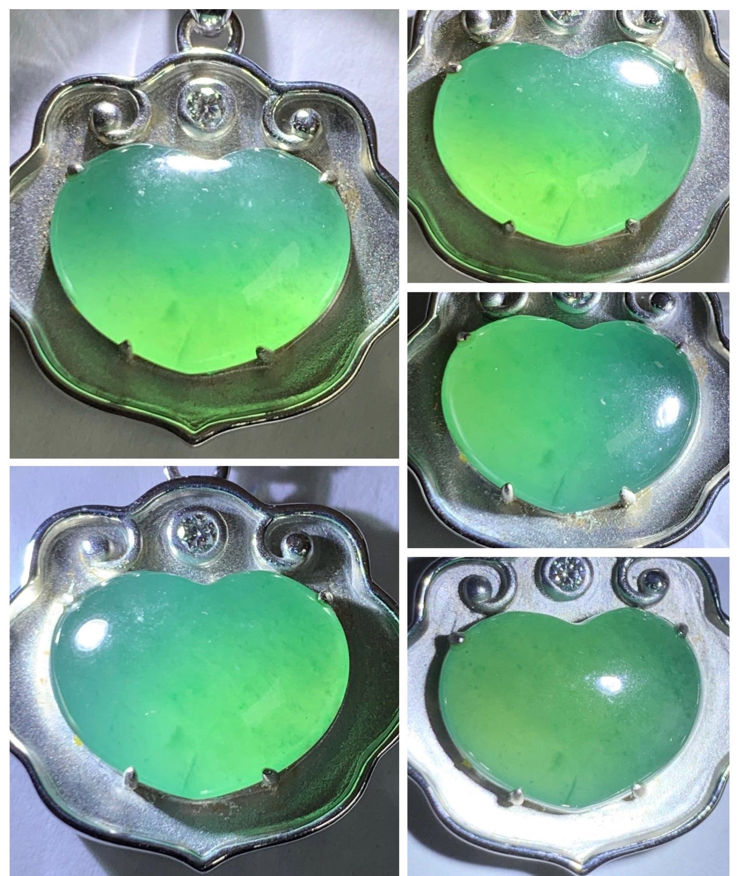 Certified Natural Grade A Guatemalan Icy Translucent Teal Green Jade Jadeite Heart Ruyi Lock Pendant Sterling Silver 6.7g 天然冰危绿翡翠爱心如意锁吊坠 221