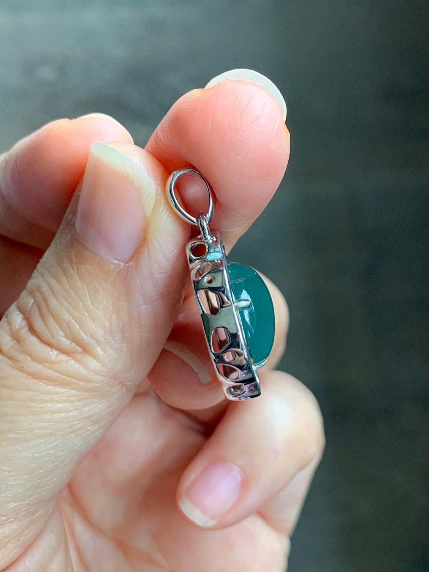 Certified Natural Grade A Guatemalan Icy Translucent Teal Green Jade Jadeite Heart Ruyi Lock Pendant Sterling Silver 6.7g 天然冰危绿翡翠爱心如意锁吊坠 221