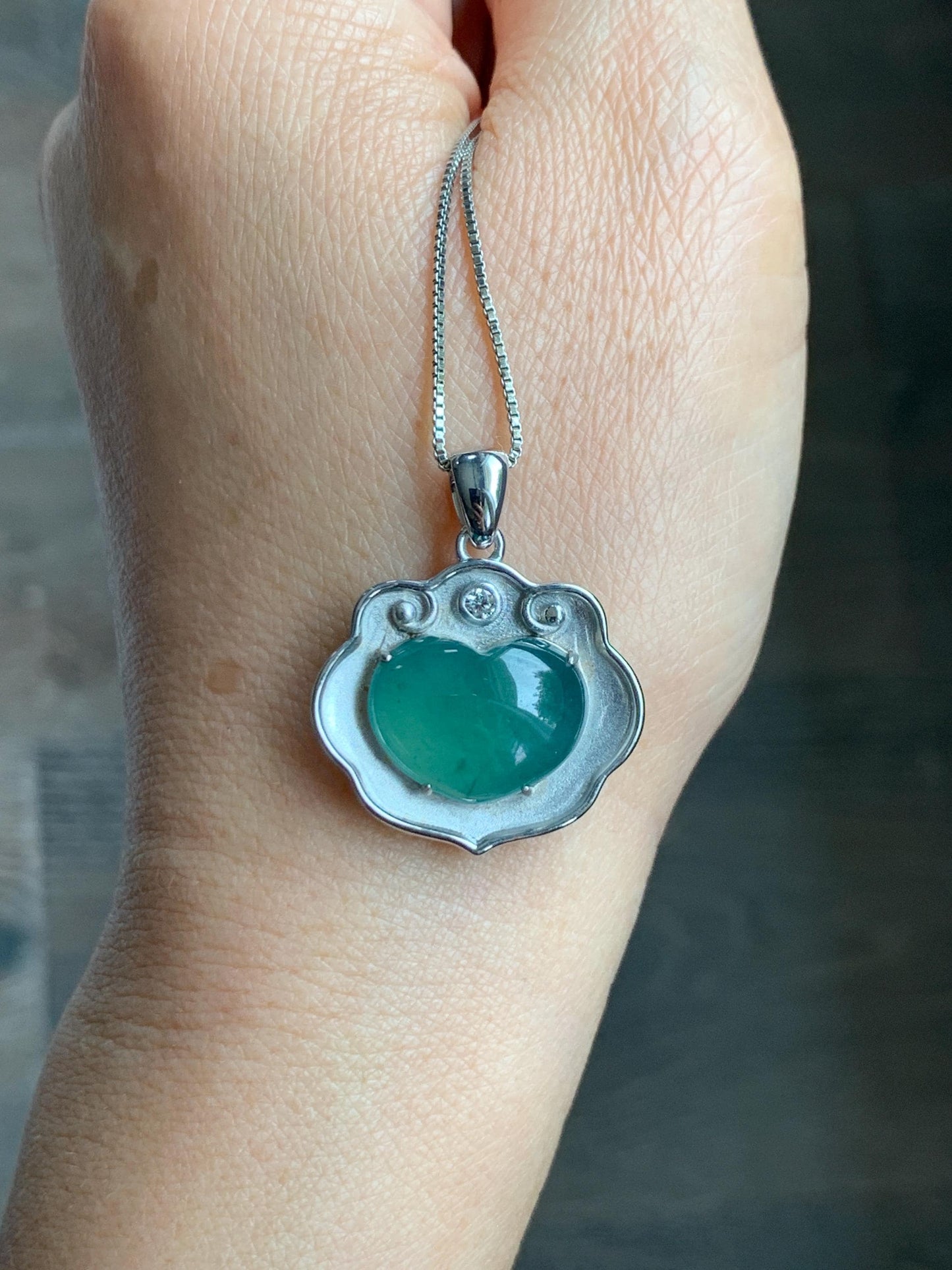 Certified Natural Grade A Guatemalan Icy Translucent Teal Green Jade Jadeite Heart Ruyi Lock Pendant Sterling Silver 6.7g 天然冰危绿翡翠爱心如意锁吊坠 221