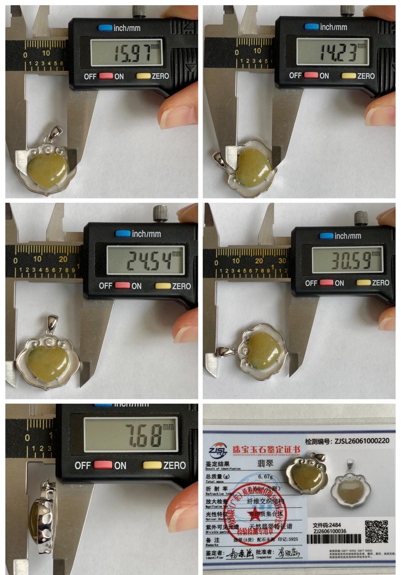 Certified Natural Grade A Icy Translucent Mustard Yellow Jade Jadeite Heart Ruyi Lock Pendant Sterling Silver 6.67g 天然冰黄翡翠爱心如意锁吊坠 220