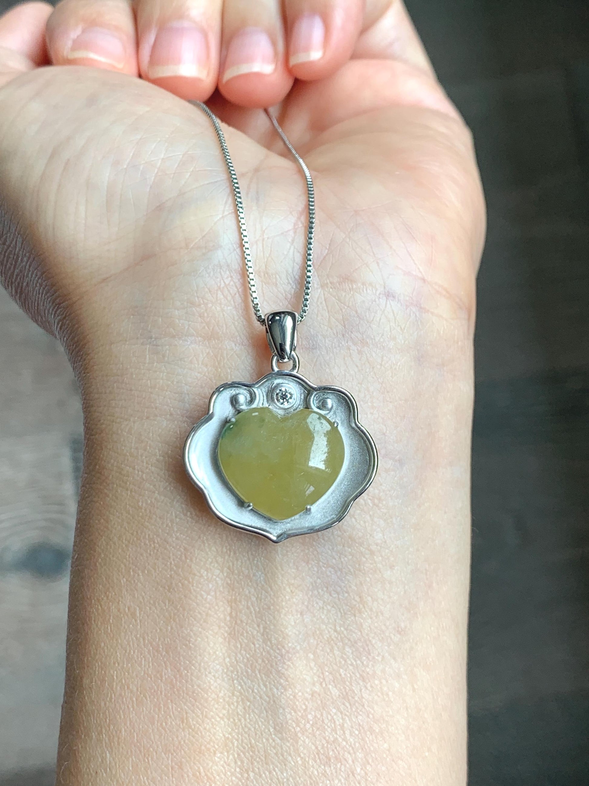 Certified Natural Grade A Icy Translucent Mustard Yellow Jade Jadeite Heart Ruyi Lock Pendant Sterling Silver 6.67g 天然冰黄翡翠爱心如意锁吊坠 220