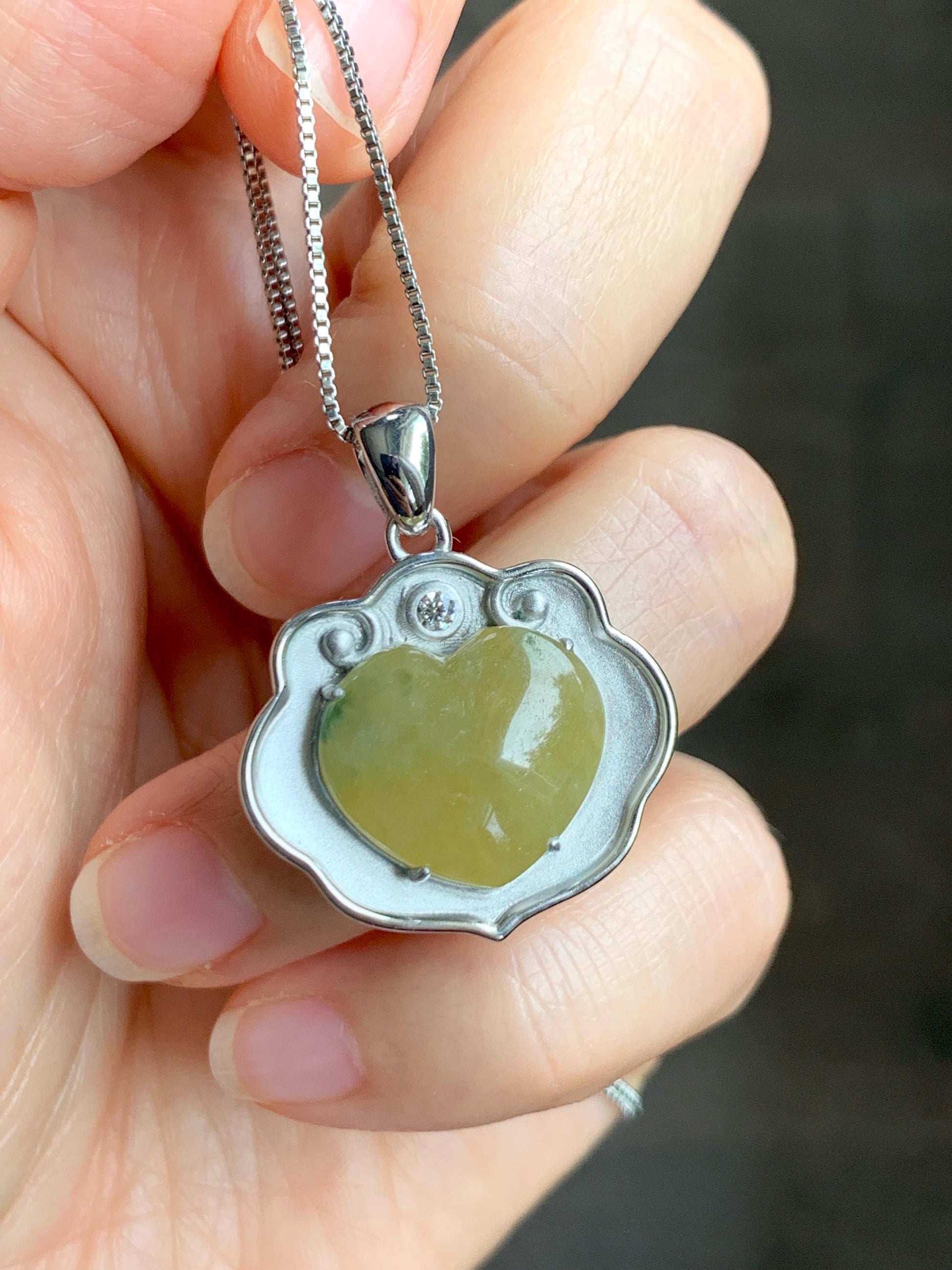 Certified Natural Grade A Icy Translucent Mustard Yellow Jade Jadeite Heart Ruyi Lock Pendant Sterling Silver 6.67g 天然冰黄翡翠爱心如意锁吊坠 220
