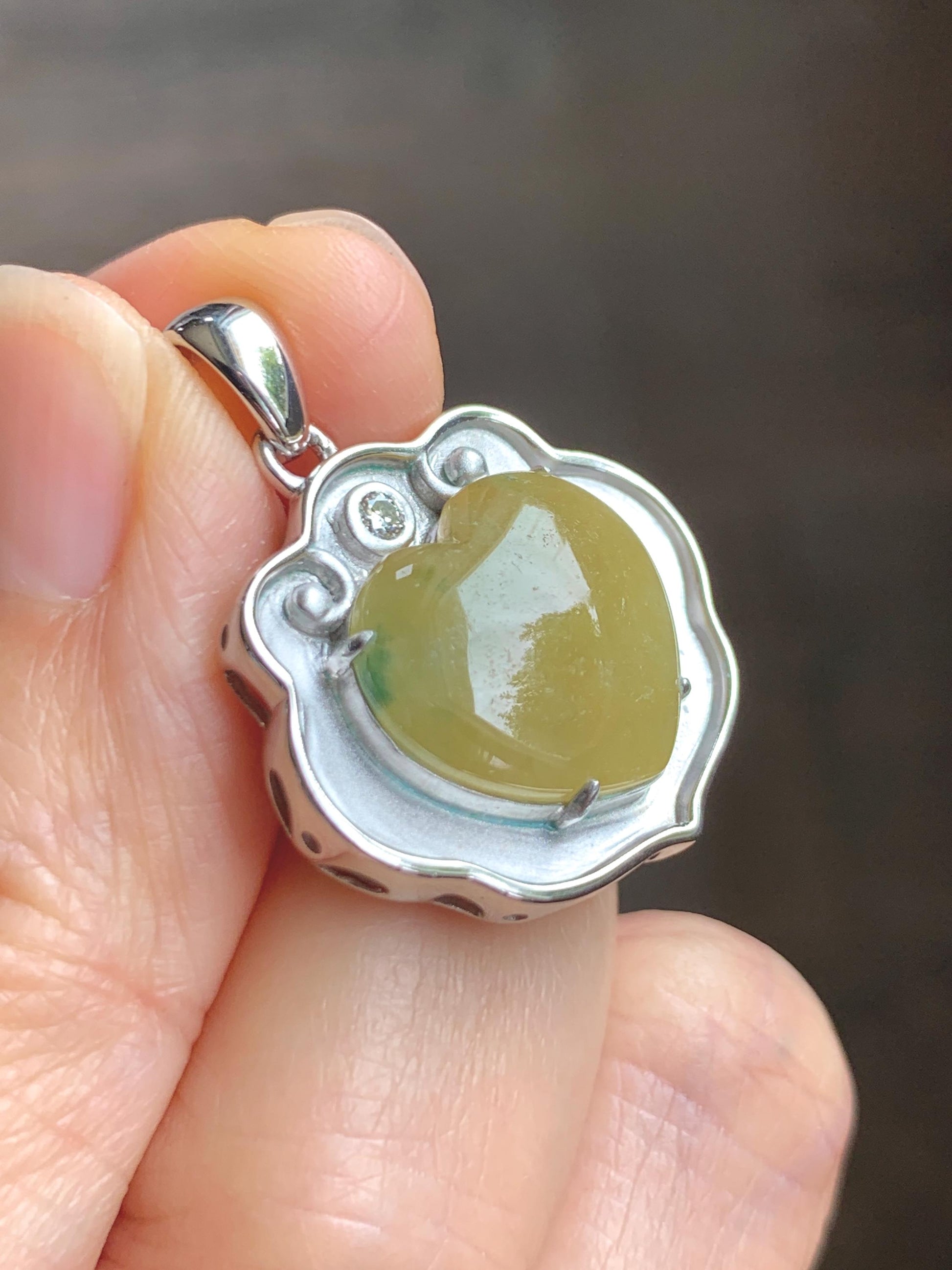 Certified Natural Grade A Icy Translucent Mustard Yellow Jade Jadeite Heart Ruyi Lock Pendant Sterling Silver 6.67g 天然冰黄翡翠爱心如意锁吊坠 220