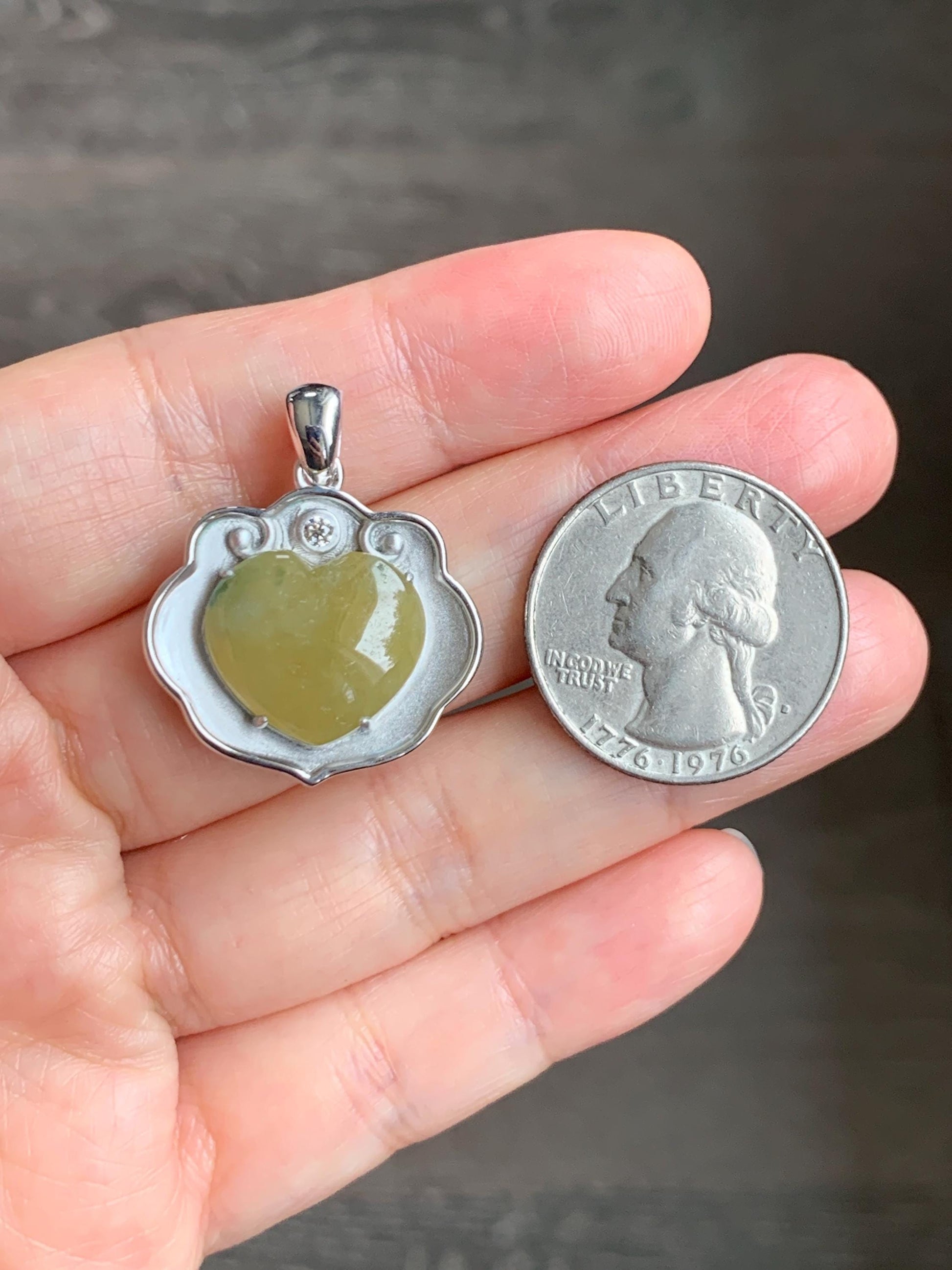Certified Natural Grade A Icy Translucent Mustard Yellow Jade Jadeite Heart Ruyi Lock Pendant Sterling Silver 6.67g 天然冰黄翡翠爱心如意锁吊坠 220