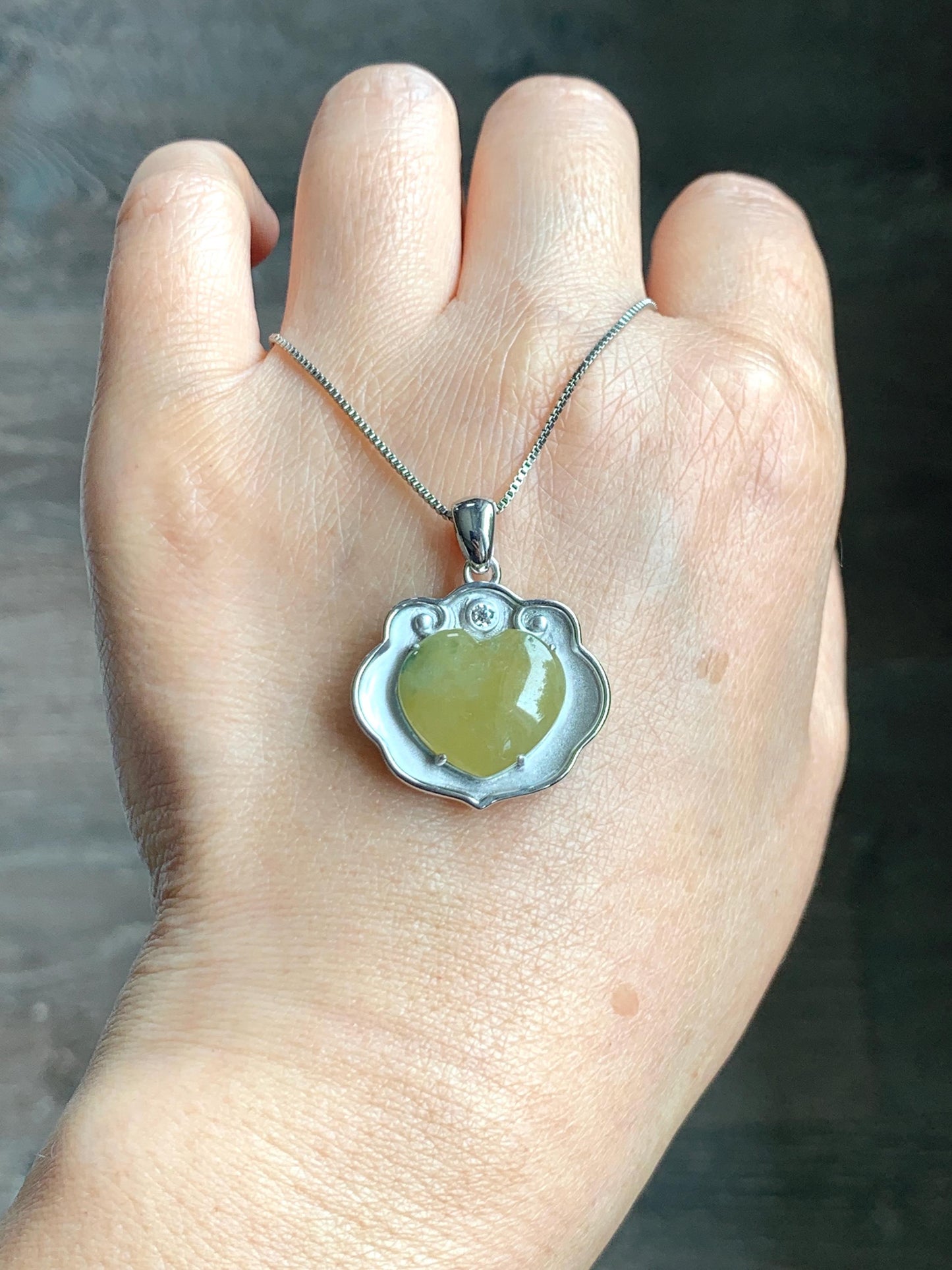 Certified Natural Grade A Icy Translucent Mustard Yellow Jade Jadeite Heart Ruyi Lock Pendant Sterling Silver 6.67g 天然冰黄翡翠爱心如意锁吊坠 220