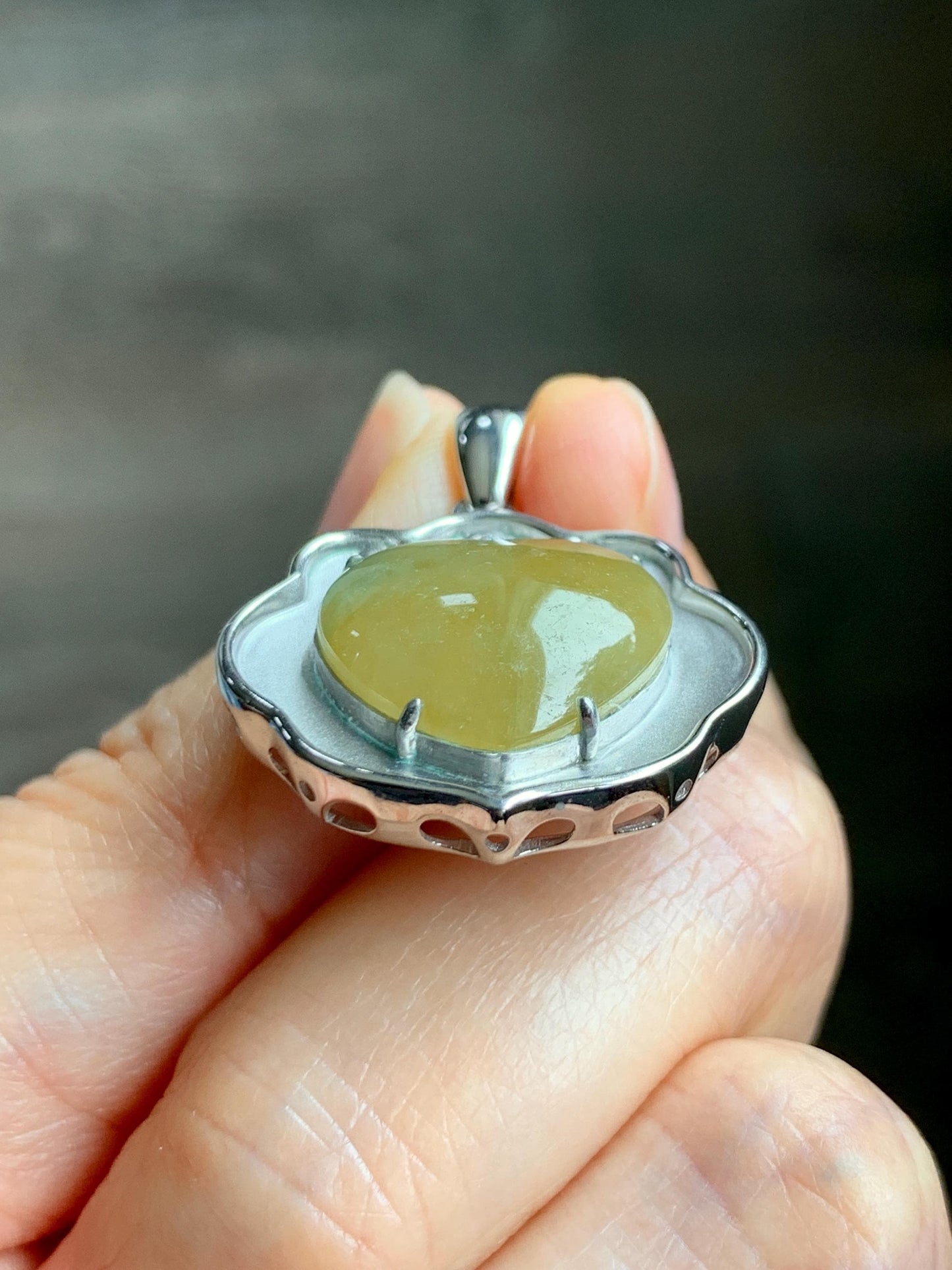 Certified Natural Grade A Icy Translucent Mustard Yellow Jade Jadeite Heart Ruyi Lock Pendant Sterling Silver 6.67g 天然冰黄翡翠爱心如意锁吊坠 220