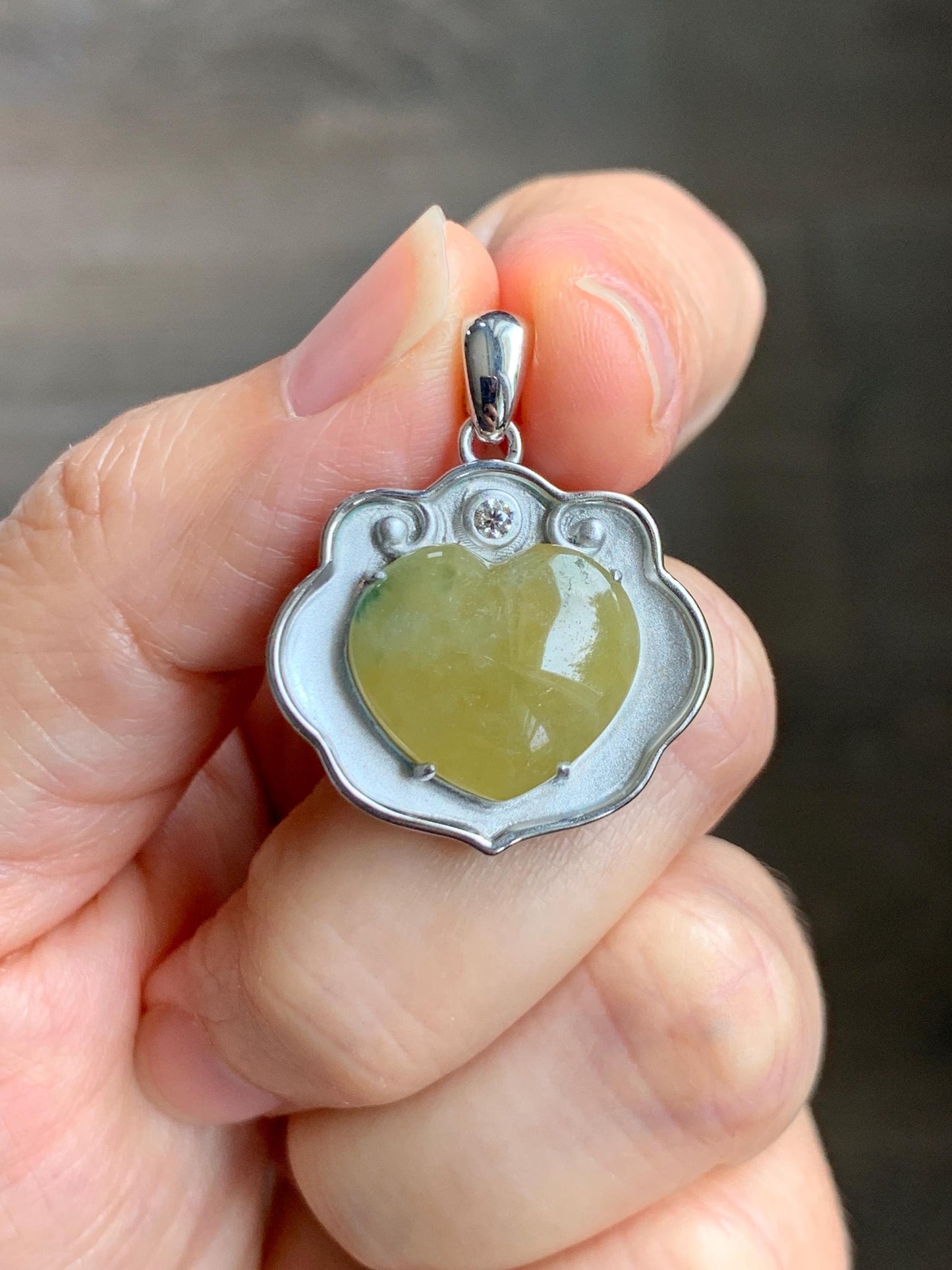 Certified Natural Grade A Icy Translucent Mustard Yellow Jade Jadeite Heart Ruyi Lock Pendant Sterling Silver 6.67g 天然冰黄翡翠爱心如意锁吊坠 220