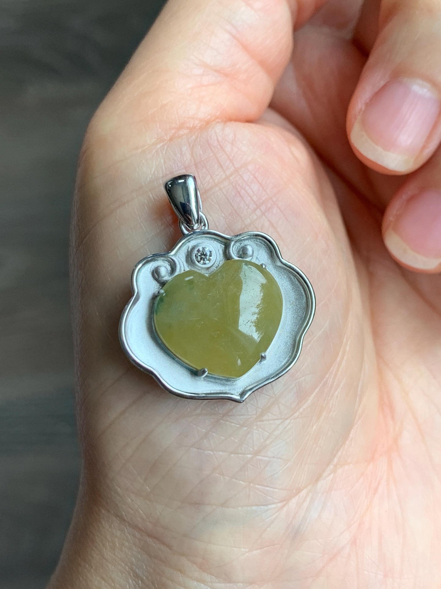 Certified Natural Grade A Icy Translucent Mustard Yellow Jade Jadeite Heart Ruyi Lock Pendant Sterling Silver 6.67g 天然冰黄翡翠爱心如意锁吊坠 220