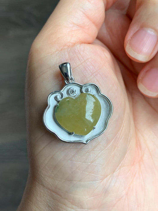 Certified Natural Grade A Icy Translucent Mustard Yellow Jade Jadeite Heart Ruyi Lock Pendant Sterling Silver 6.67g 天然冰黄翡翠爱心如意锁吊坠 220