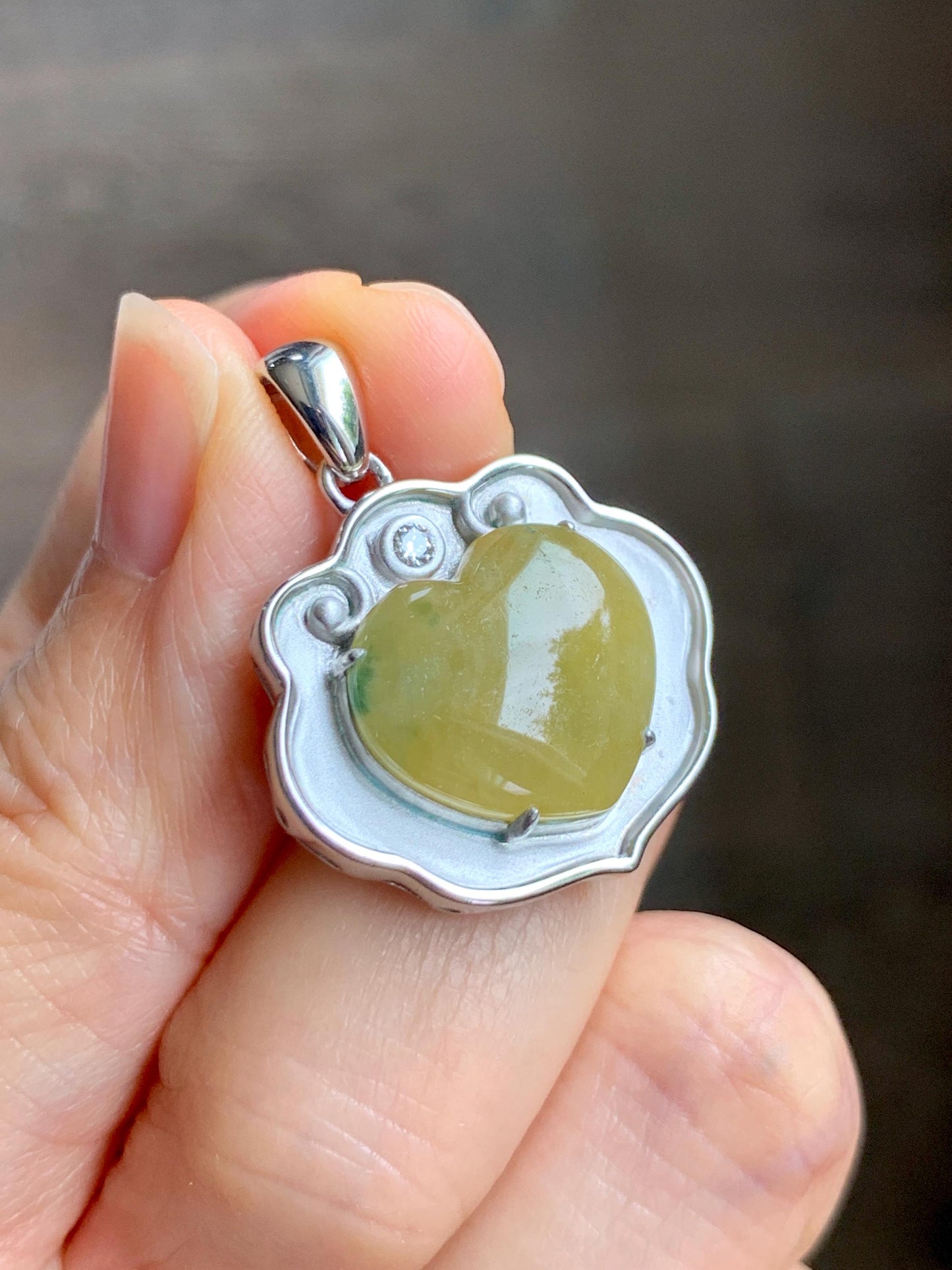 Certified Natural Grade A Icy Translucent Mustard Yellow Jade Jadeite Heart Ruyi Lock Pendant Sterling Silver 6.67g 天然冰黄翡翠爱心如意锁吊坠 220