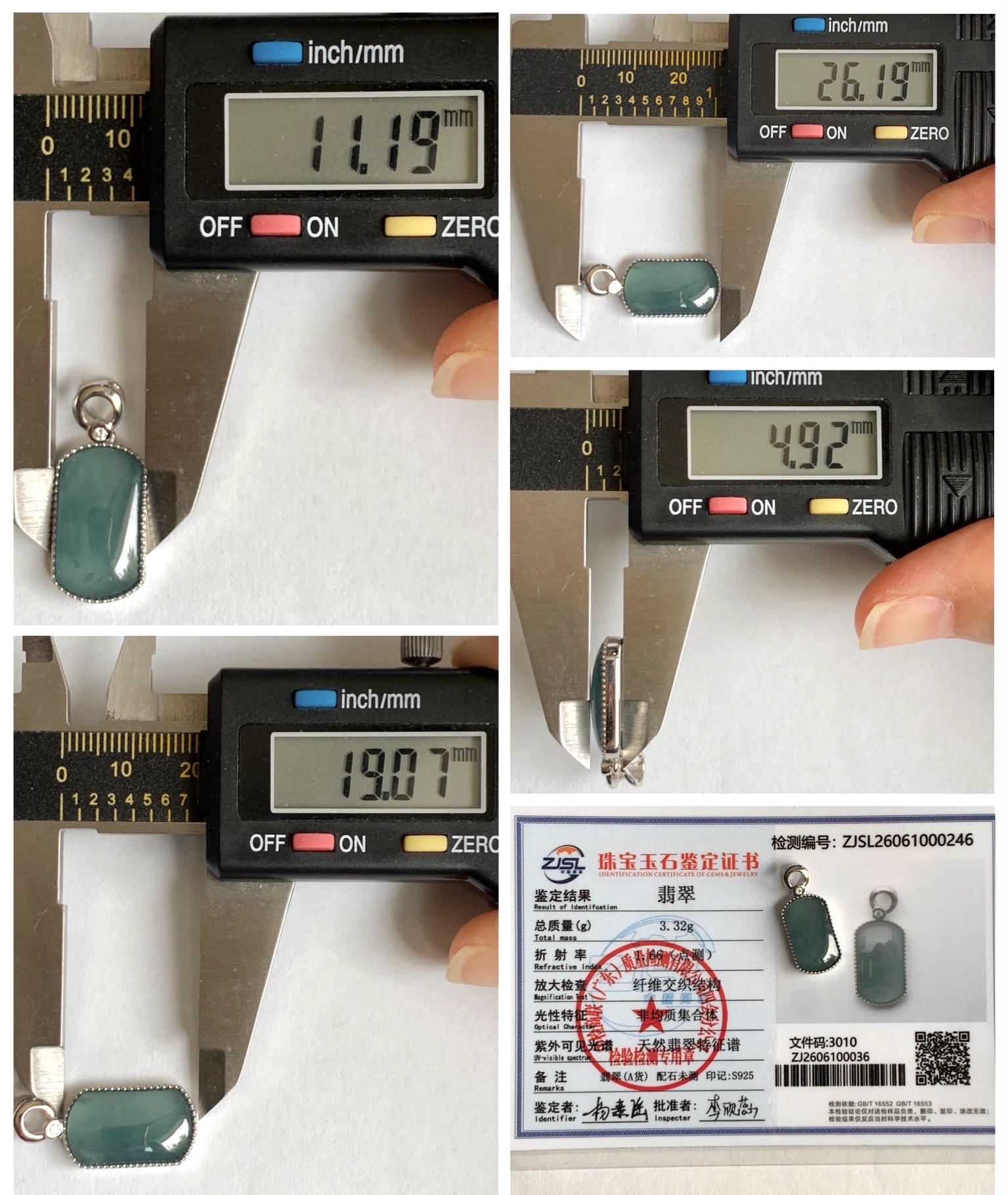 Certified Natural Grade A Guatemalan Icy Translucent Teal Blue Jade Jadeite Wu Shi Pai Saddle Pendant Sterling Silver 天然冰危蓝翡翠马鞍无事牌吊坠 246