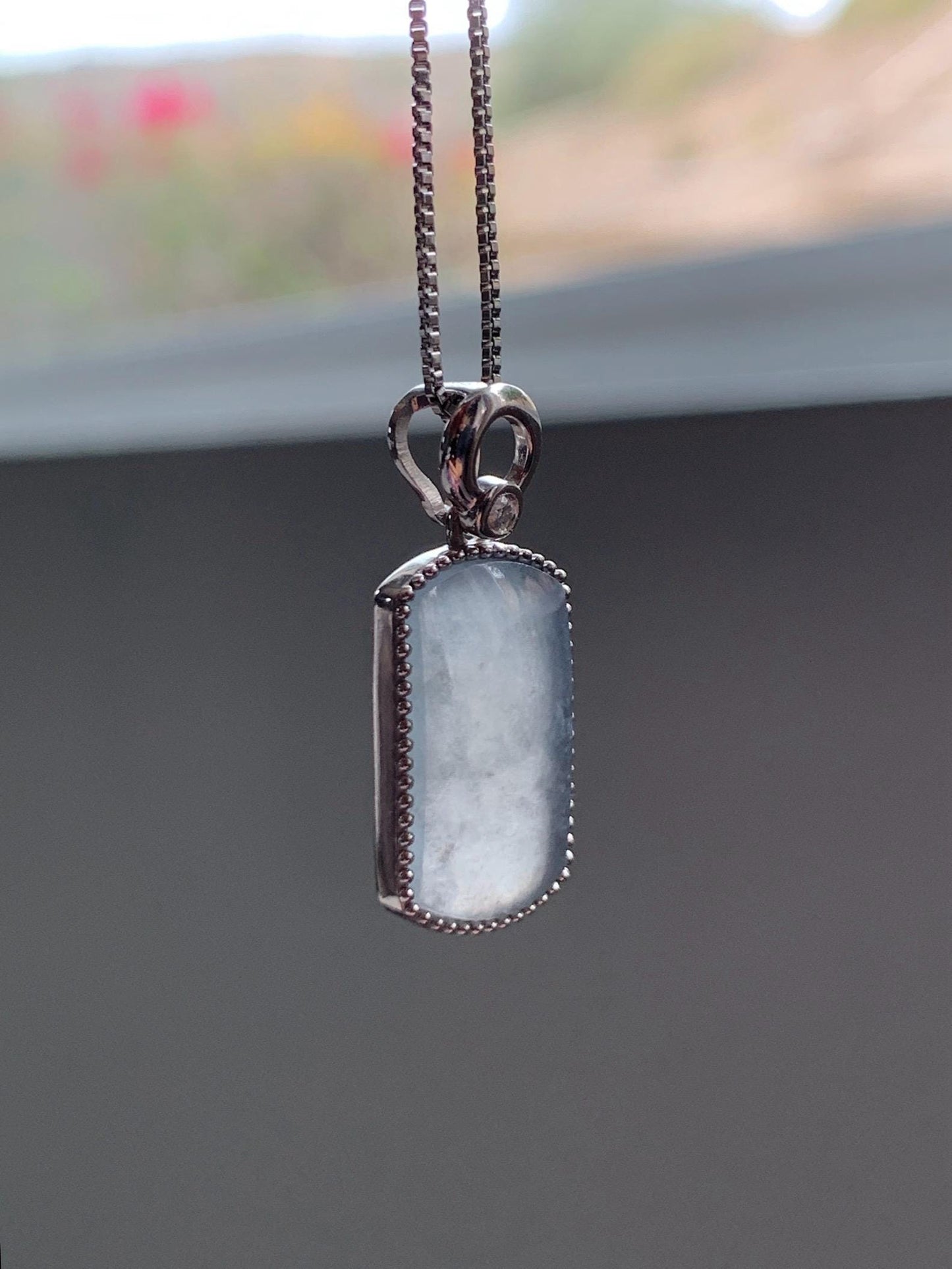 Certified Natural Grade A Icy Translucent Light Gray Wuji Jade Jadeite Wu Shi Pai Saddle Pendant Sterling Silver 3g 天然冰胶乌鸡翡翠马鞍无事牌吊坠 248