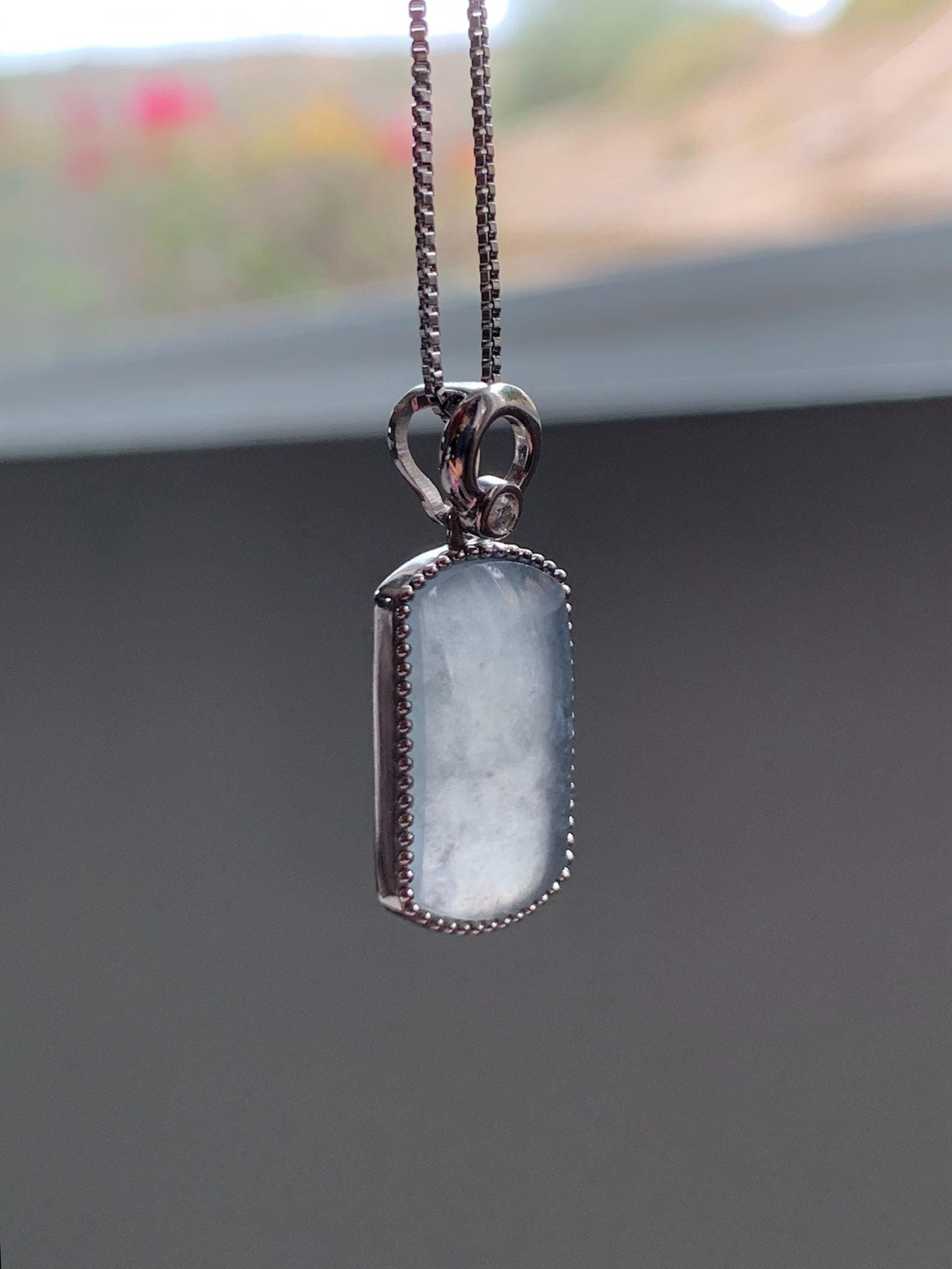 Certified Natural Grade A Icy Translucent Light Gray Wuji Jade Jadeite Wu Shi Pai Saddle Pendant Sterling Silver 3g 天然冰胶乌鸡翡翠马鞍无事牌吊坠 248