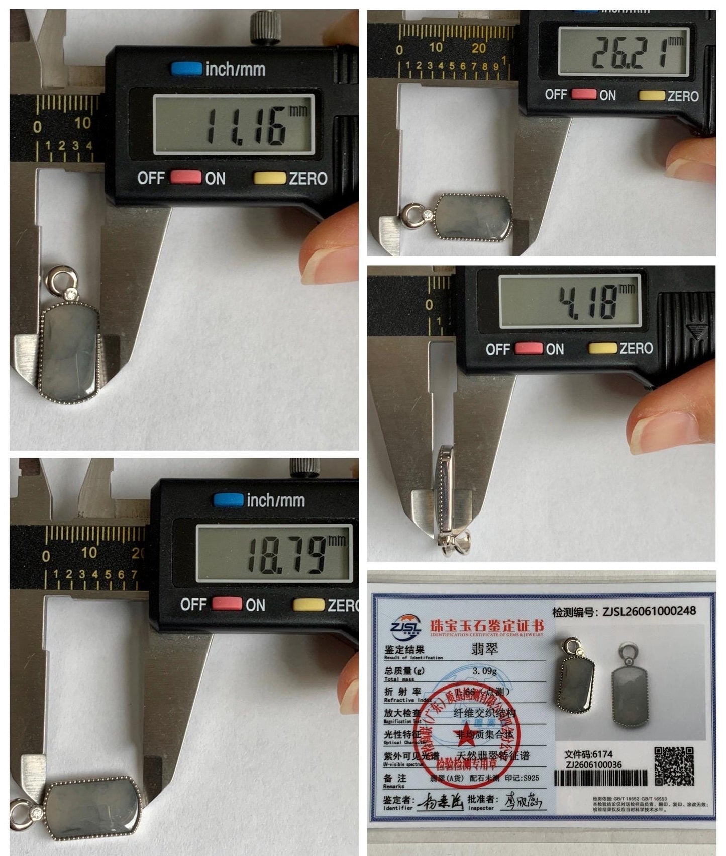 Certified Natural Grade A Icy Translucent Light Gray Wuji Jade Jadeite Wu Shi Pai Saddle Pendant Sterling Silver 3g 天然冰胶乌鸡翡翠马鞍无事牌吊坠 248