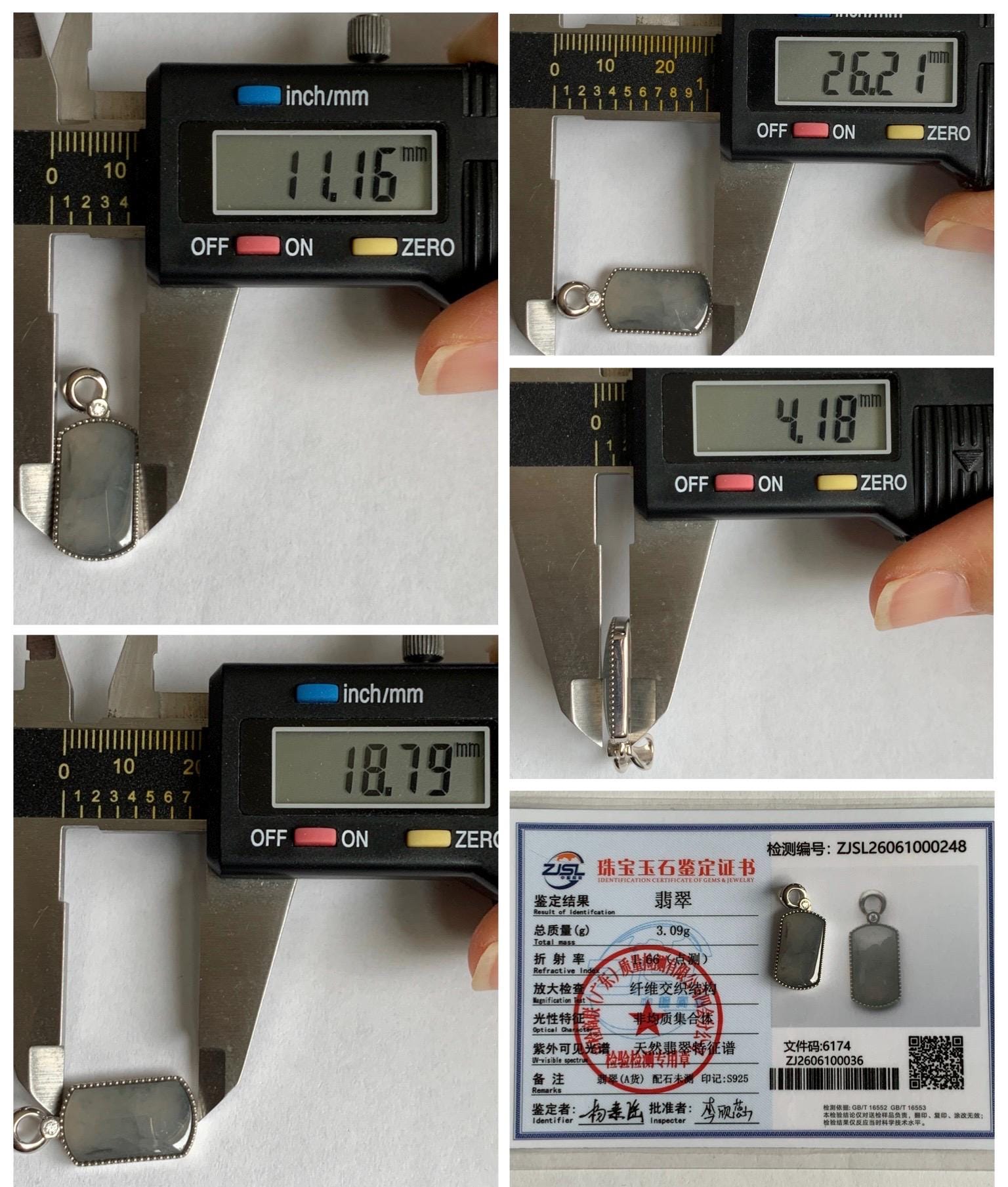 Certified Natural Grade A Icy Translucent Light Gray Wuji Jade Jadeite Wu Shi Pai Saddle Pendant Sterling Silver 3g 天然冰胶乌鸡翡翠马鞍无事牌吊坠 248