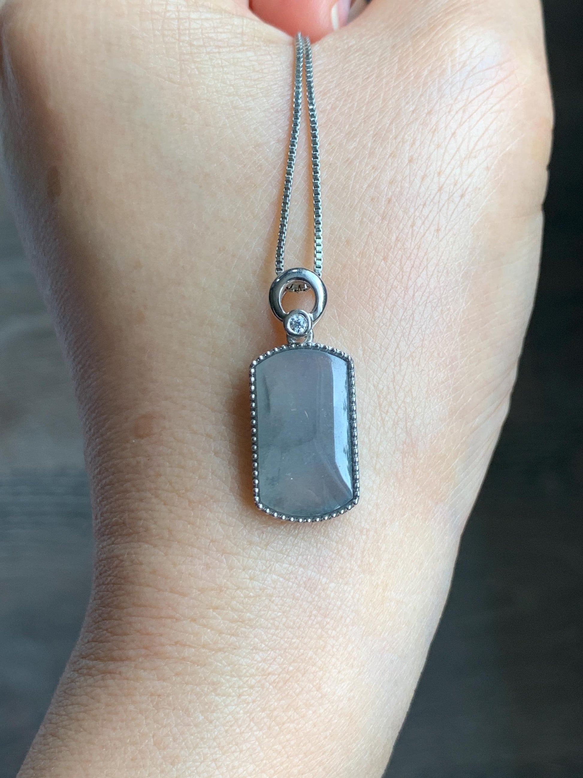 Certified Natural Grade A Icy Translucent Light Gray Wuji Jade Jadeite Wu Shi Pai Saddle Pendant Sterling Silver 3g 天然冰胶乌鸡翡翠马鞍无事牌吊坠 248