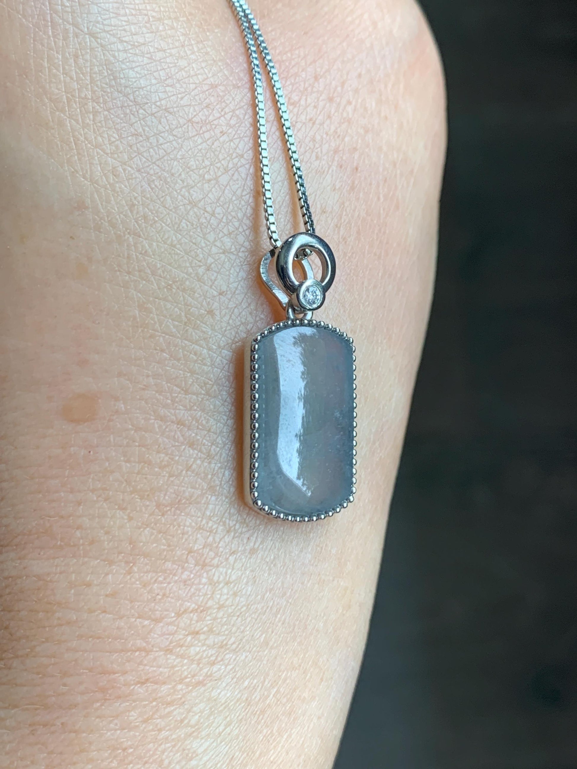 Certified Natural Grade A Icy Translucent Light Gray Wuji Jade Jadeite Wu Shi Pai Saddle Pendant Sterling Silver 3g 天然冰胶乌鸡翡翠马鞍无事牌吊坠 248