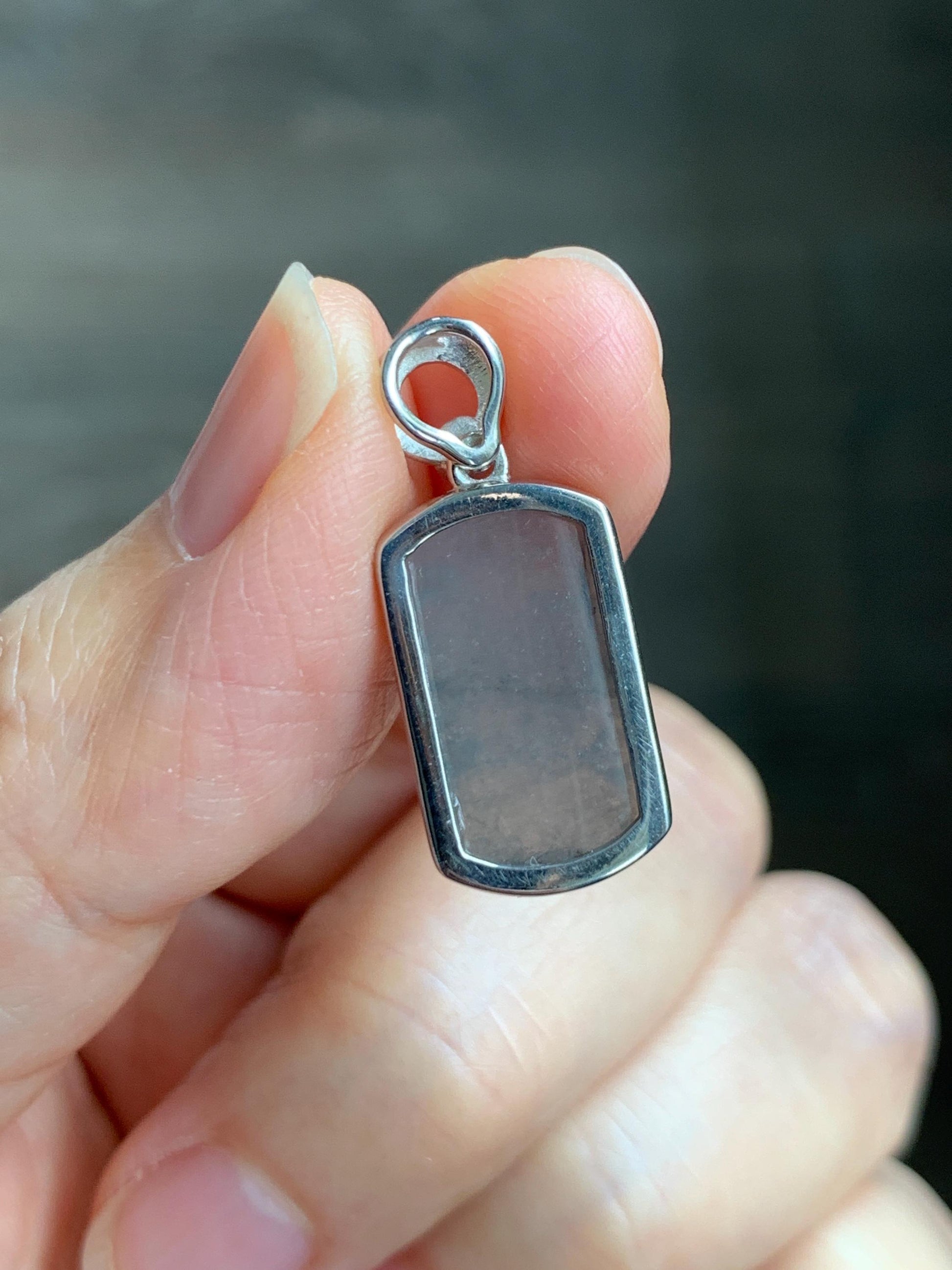Certified Natural Grade A Icy Translucent Light Gray Wuji Jade Jadeite Wu Shi Pai Saddle Pendant Sterling Silver 3g 天然冰胶乌鸡翡翠马鞍无事牌吊坠 248