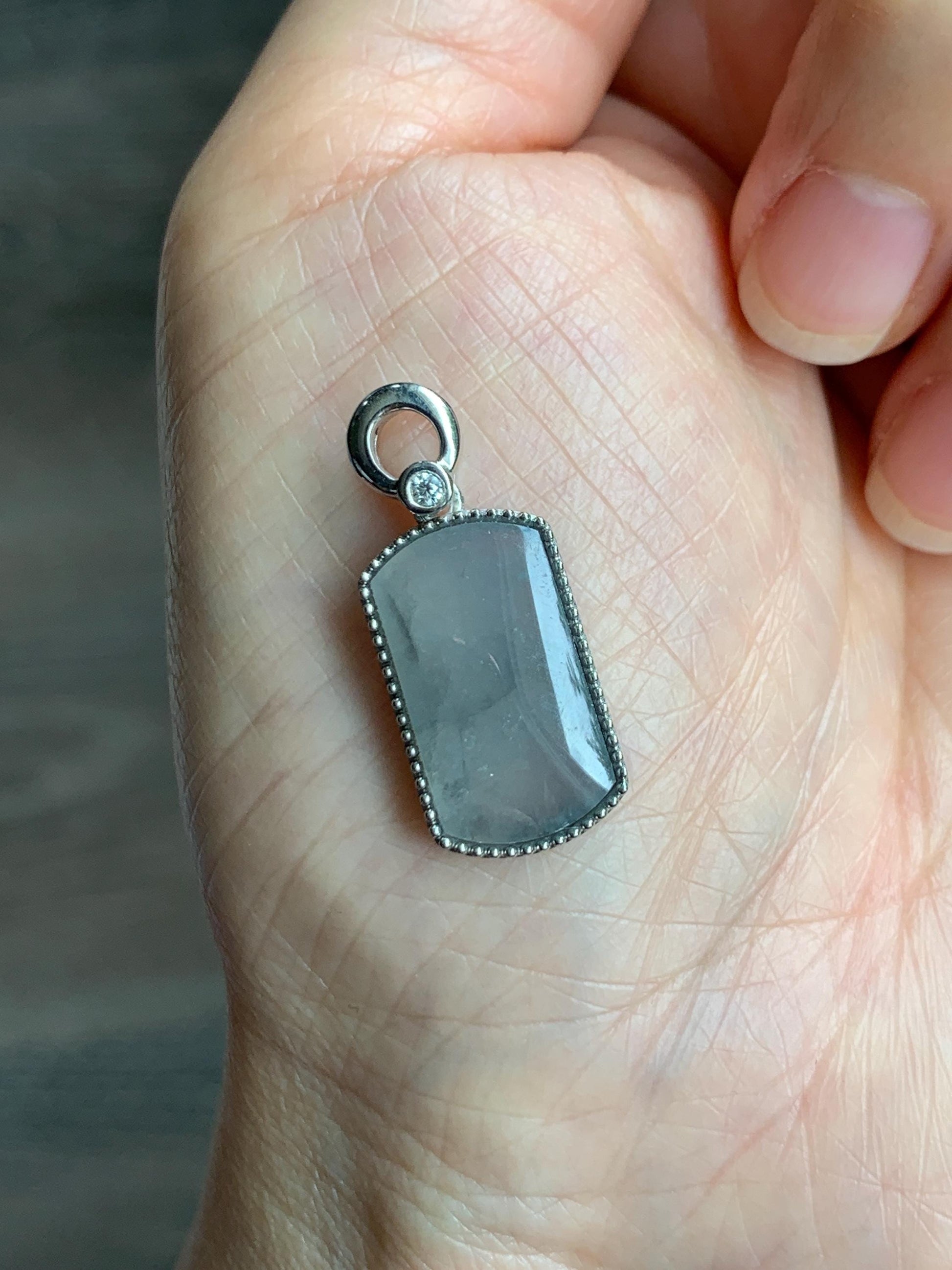 Certified Natural Grade A Icy Translucent Light Gray Wuji Jade Jadeite Wu Shi Pai Saddle Pendant Sterling Silver 3g 天然冰胶乌鸡翡翠马鞍无事牌吊坠 248