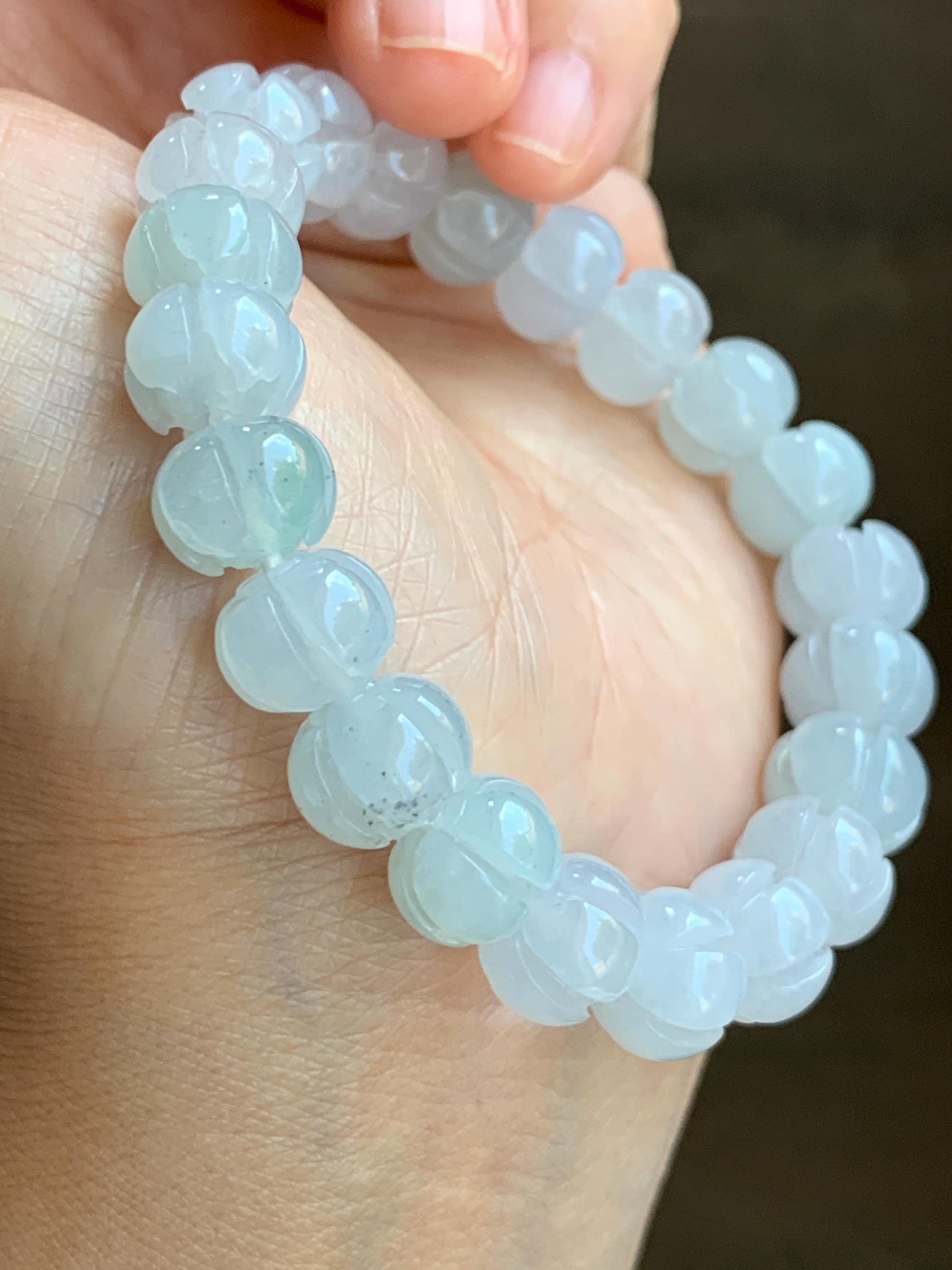 Certified Natural Grade A Icy Translucent Jade Jadeite Carved Lotus Flower Beads Beaded Bracelet 6.75” 34g 天然冰胶底色翡翠莲花珠手串 1106