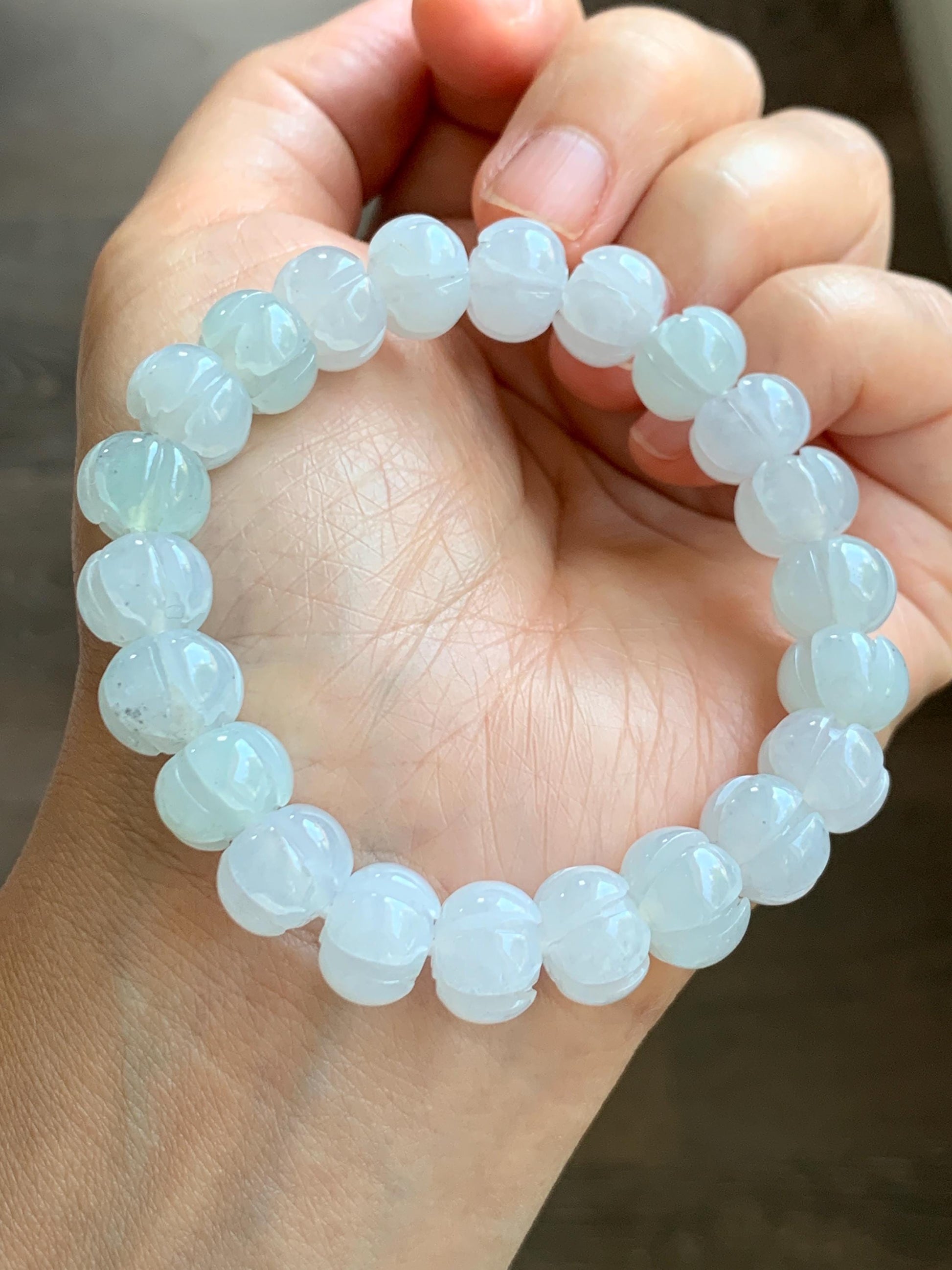 Certified Natural Grade A Icy Translucent Jade Jadeite Carved Lotus Flower Beads Beaded Bracelet 6.75” 34g 天然冰胶底色翡翠莲花珠手串 1106
