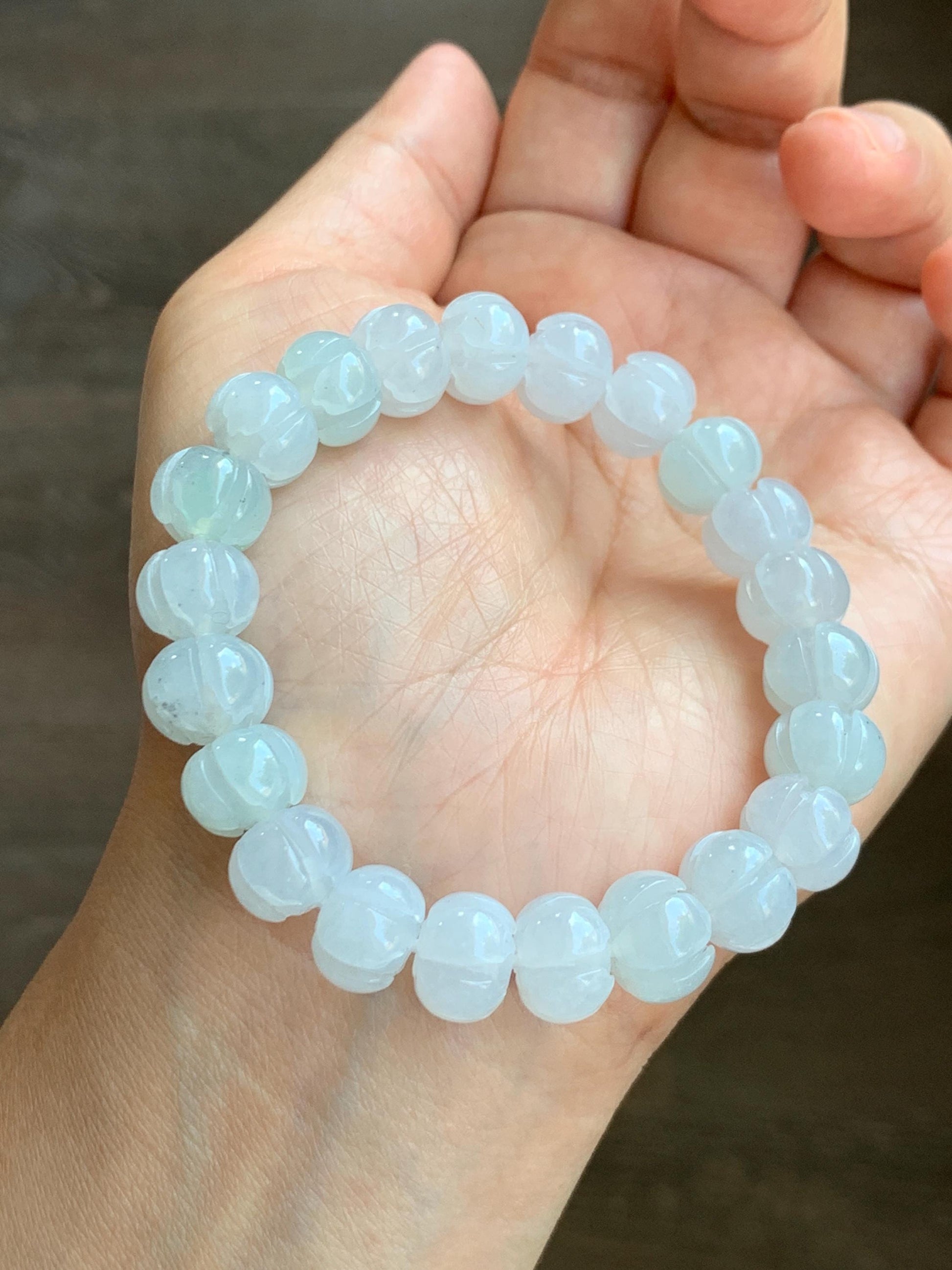 Certified Natural Grade A Icy Translucent Jade Jadeite Carved Lotus Flower Beads Beaded Bracelet 6.75” 34g 天然冰胶底色翡翠莲花珠手串 1106