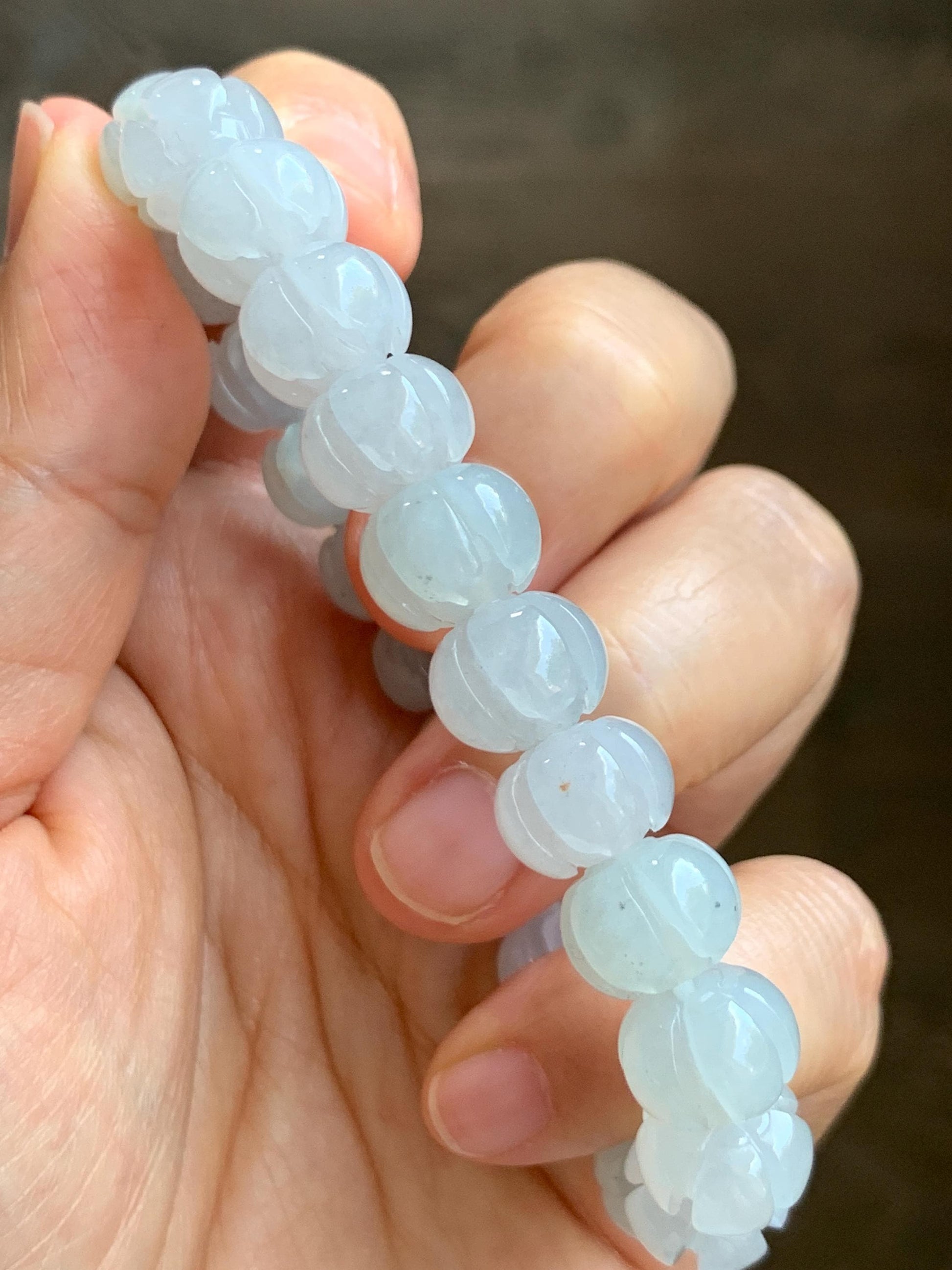 Certified Natural Grade A Icy Translucent Jade Jadeite Carved Lotus Flower Beads Beaded Bracelet 6.75” 34g 天然冰胶底色翡翠莲花珠手串 1106
