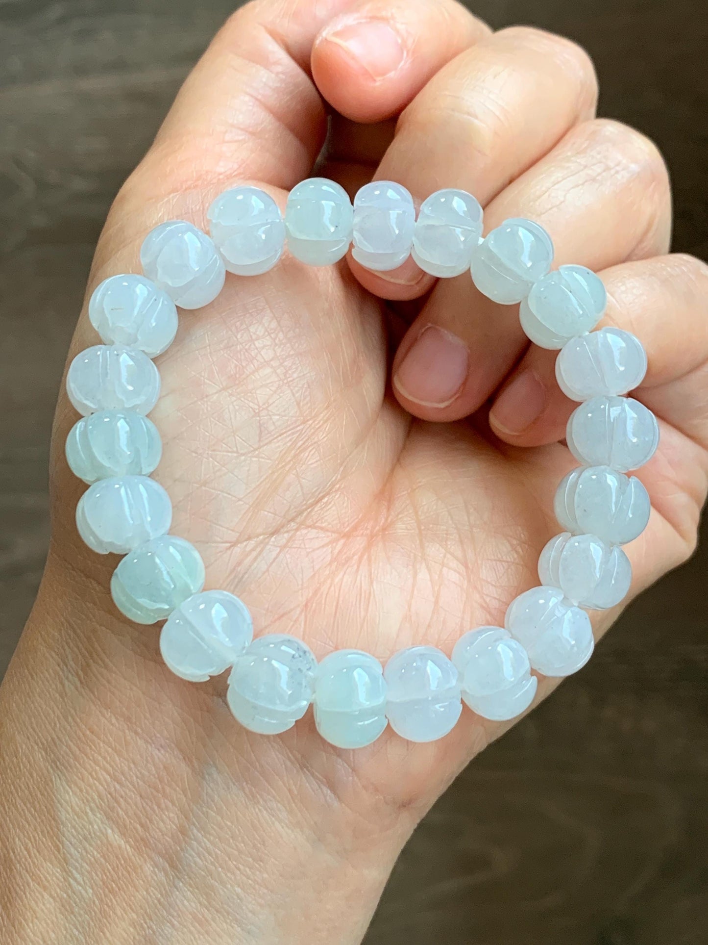 Certified Natural Grade A Icy Translucent Jade Jadeite Carved Lotus Flower Beads Beaded Bracelet 6.75” 34g 天然冰胶底色翡翠莲花珠手串 1106