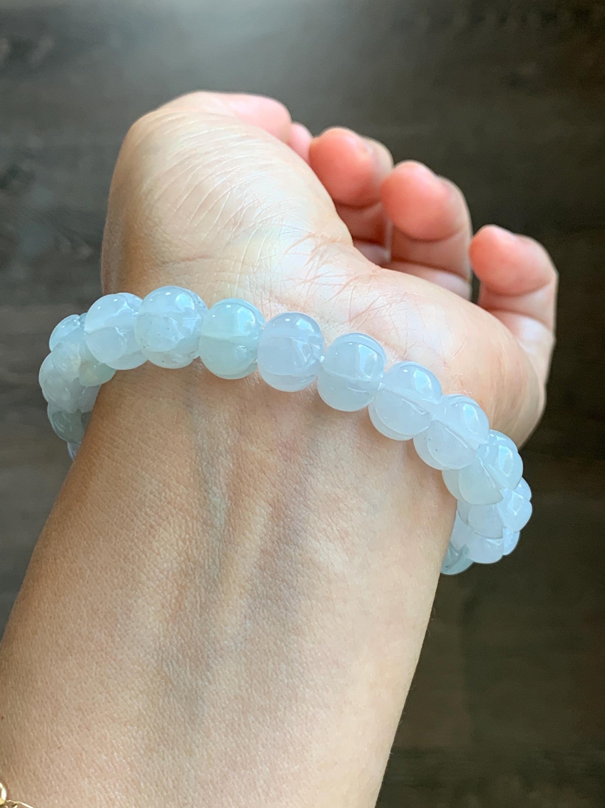 Certified Natural Grade A Icy Translucent Jade Jadeite Carved Lotus Flower Beads Beaded Bracelet 6.75” 34g 天然冰胶底色翡翠莲花珠手串 1106
