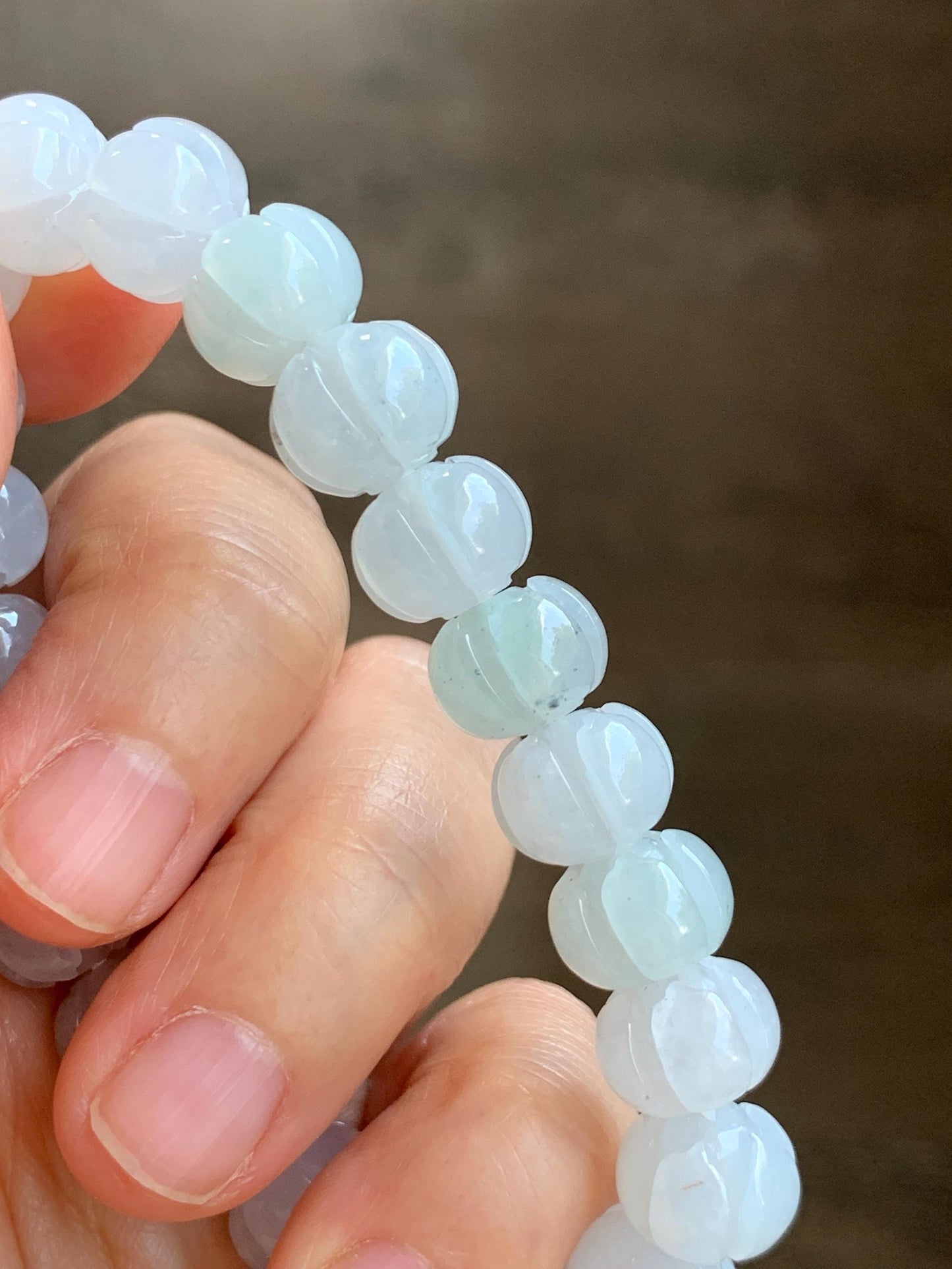 Certified Natural Grade A Icy Translucent Jade Jadeite Carved Lotus Flower Beads Beaded Bracelet 6.75” 34g 天然冰胶底色翡翠莲花珠手串 1106