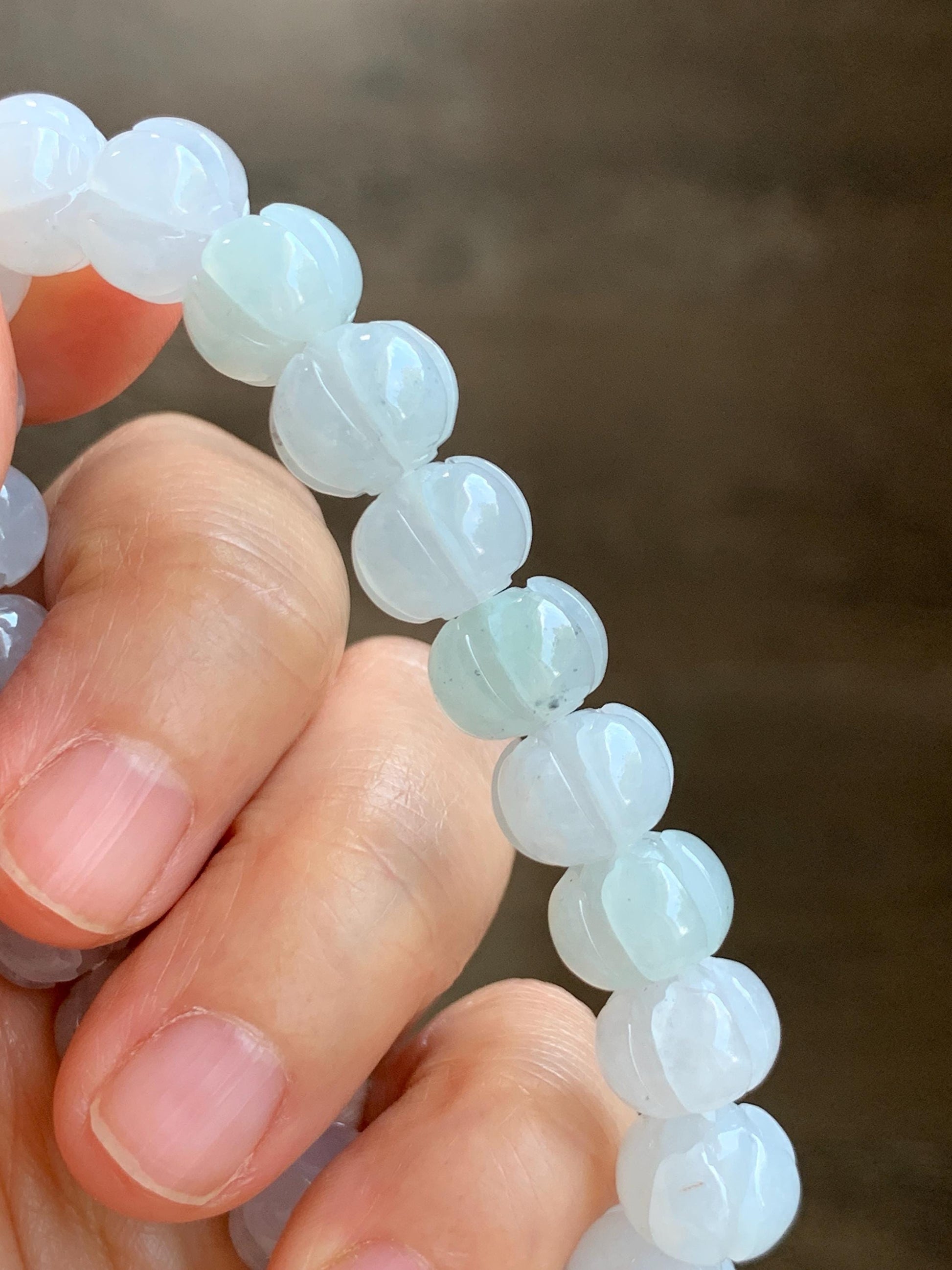 Certified Natural Grade A Icy Translucent Jade Jadeite Carved Lotus Flower Beads Beaded Bracelet 6.75” 34g 天然冰胶底色翡翠莲花珠手串 1106