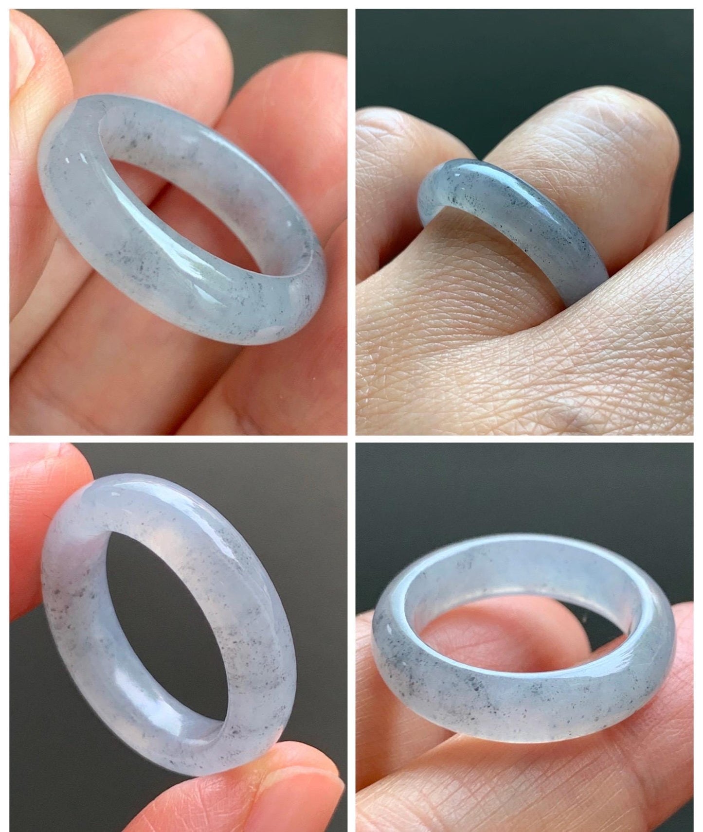 Certified Natural Grade A Icy Translucent Light Gray Wuji Jade Jadeite Jieyang Band Ring Comfort Fit Size 7.75 US 4.37g 天然冰胶起光淡乌鸡翡翠揭阳工戒圈 255
