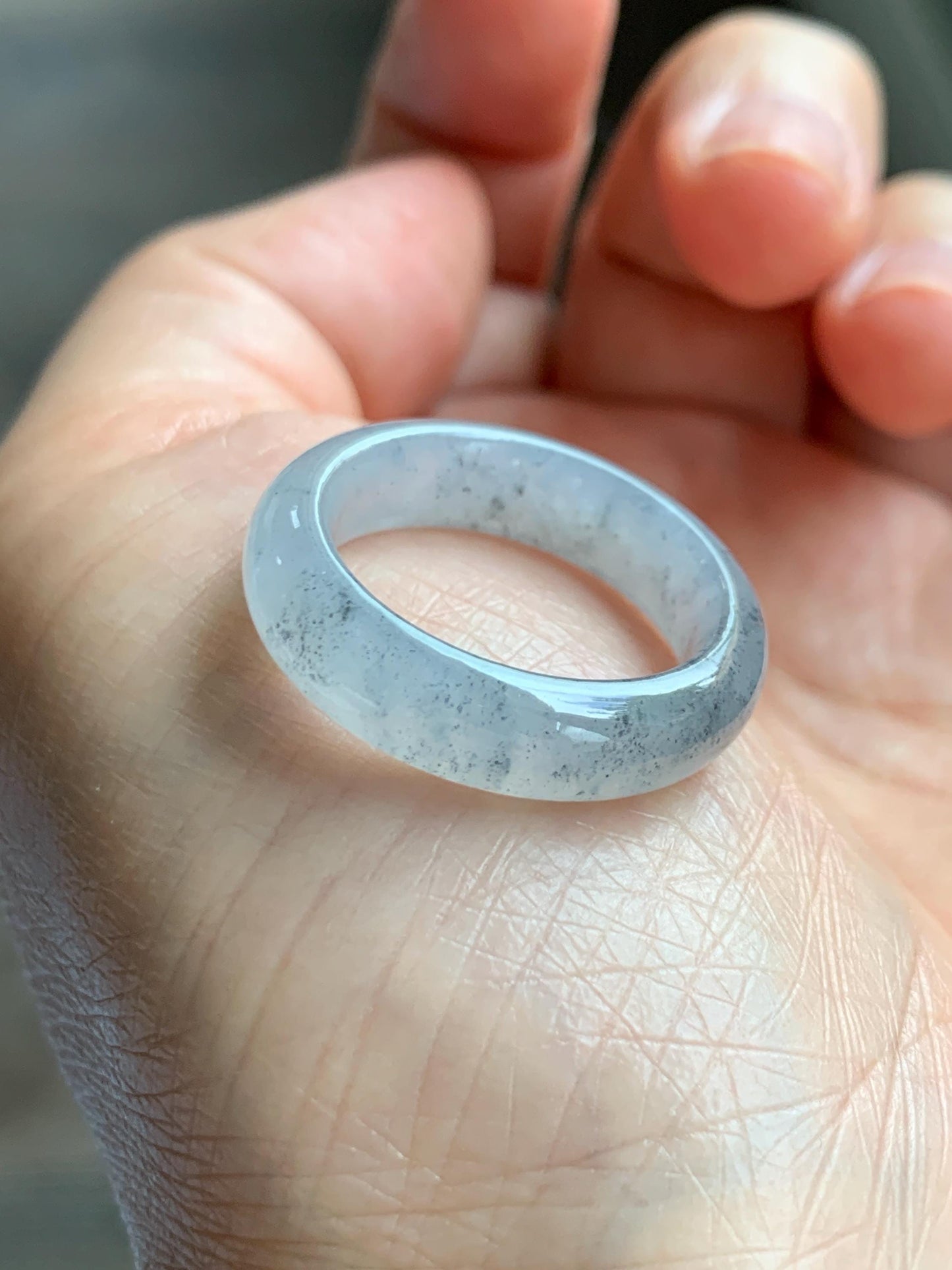 Certified Natural Grade A Icy Translucent Light Gray Wuji Jade Jadeite Jieyang Band Ring Comfort Fit Size 7.75 US 4.37g 天然冰胶起光淡乌鸡翡翠揭阳工戒圈 255
