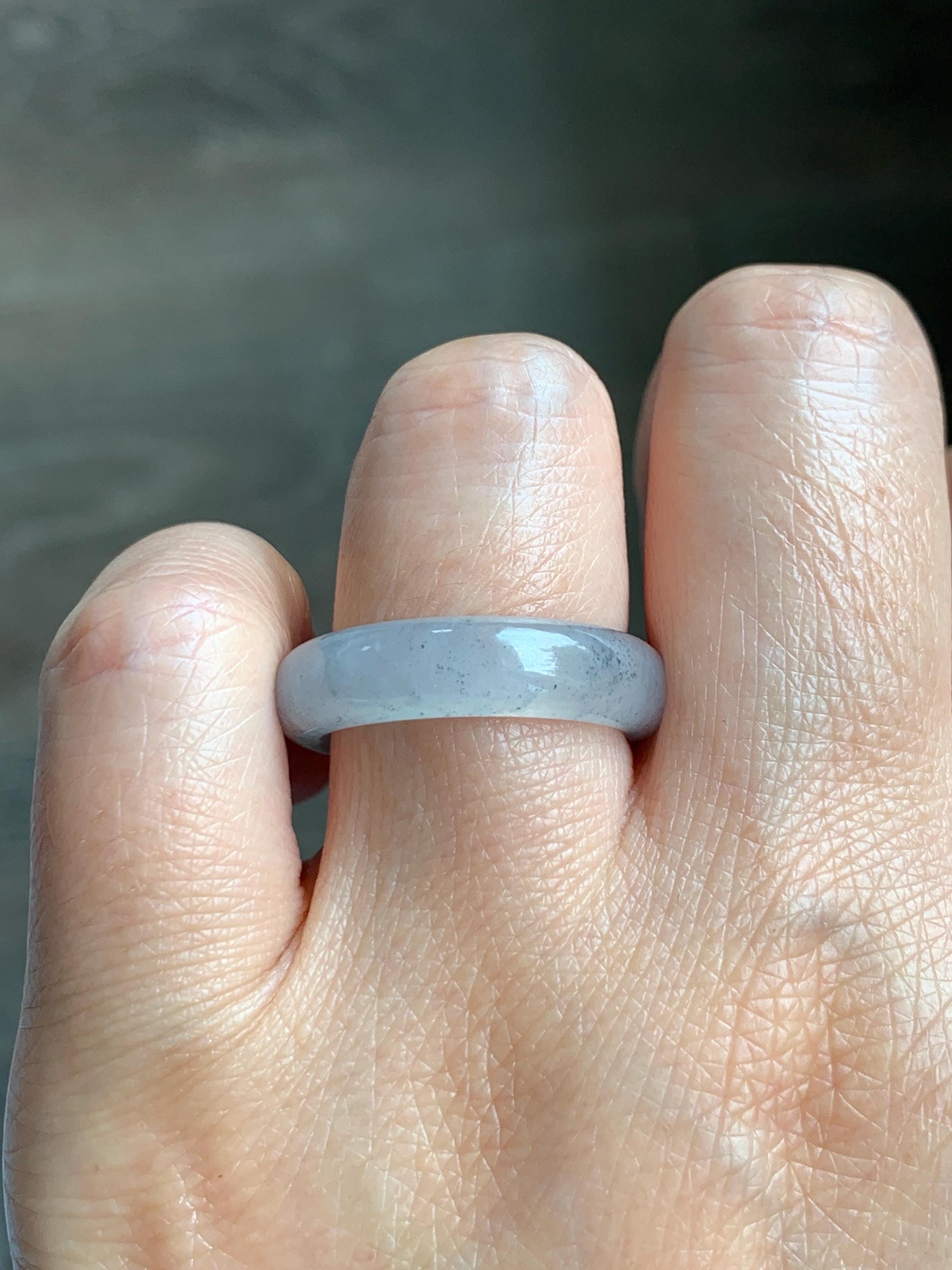 Certified Natural Grade A Icy Translucent Light Gray Wuji Jade Jadeite Jieyang Band Ring Comfort Fit Size 7.75 US 4.37g 天然冰胶起光淡乌鸡翡翠揭阳工戒圈 255