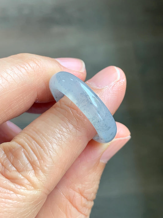 Certified Natural Grade A Icy Translucent Light Gray Wuji Jade Jadeite Jieyang Band Ring Comfort Fit Size 7.75 US 4.37g 天然冰胶起光淡乌鸡翡翠揭阳工戒圈 255