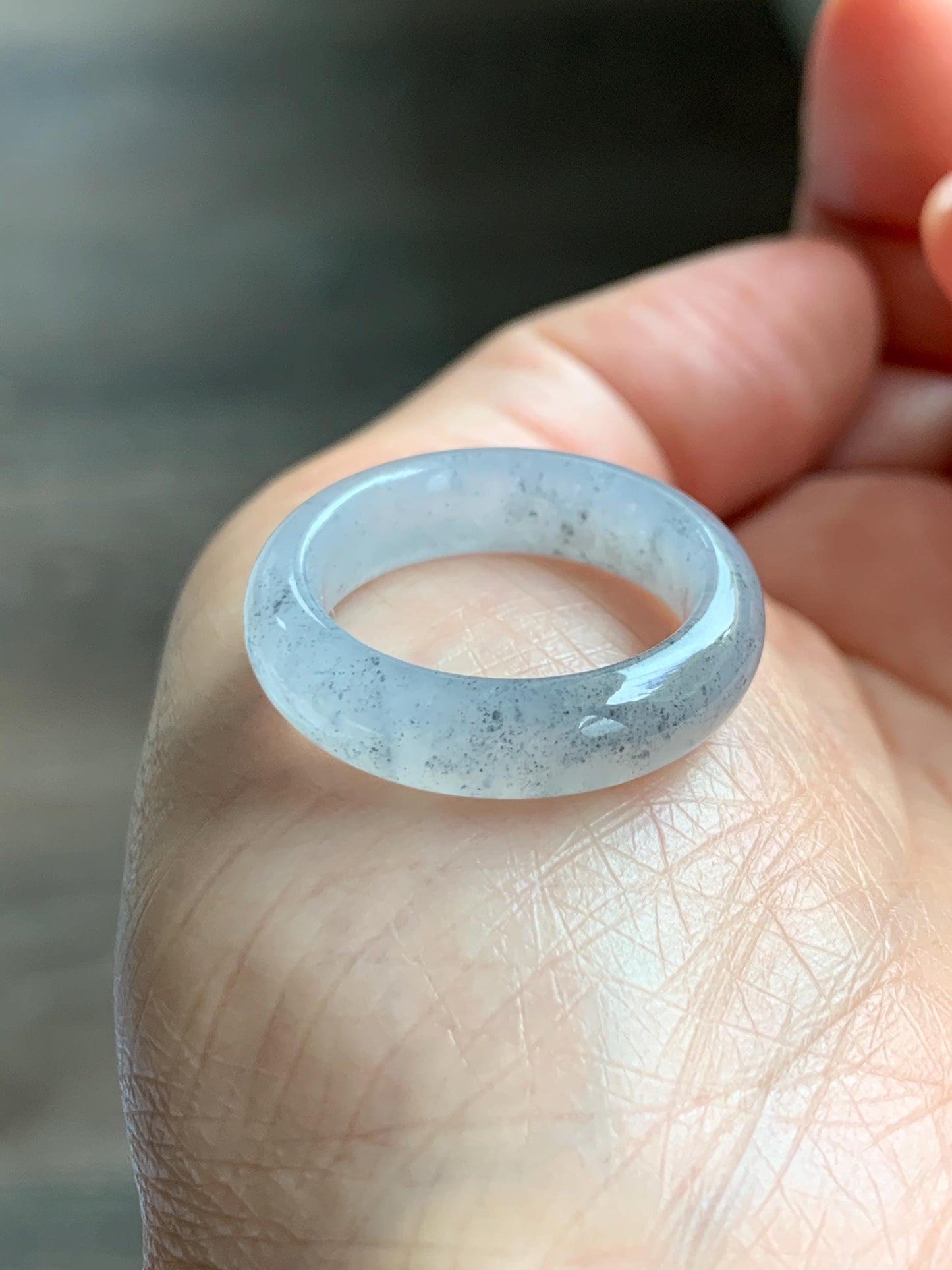 Certified Natural Grade A Icy Translucent Light Gray Wuji Jade Jadeite Jieyang Band Ring Comfort Fit Size 7.75 US 4.37g 天然冰胶起光淡乌鸡翡翠揭阳工戒圈 255