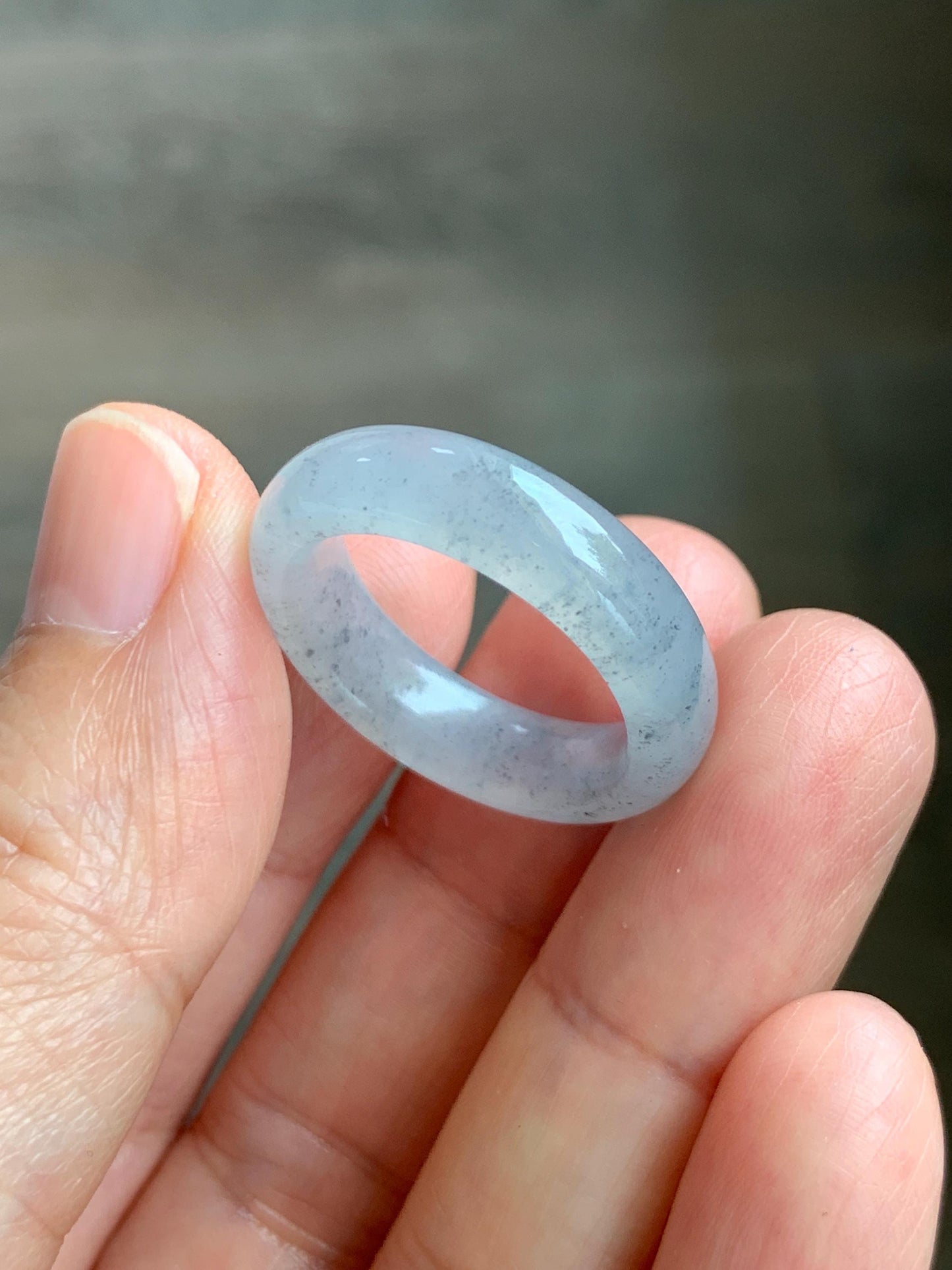 Certified Natural Grade A Icy Translucent Light Gray Wuji Jade Jadeite Jieyang Band Ring Comfort Fit Size 7.75 US 4.37g 天然冰胶起光淡乌鸡翡翠揭阳工戒圈 255