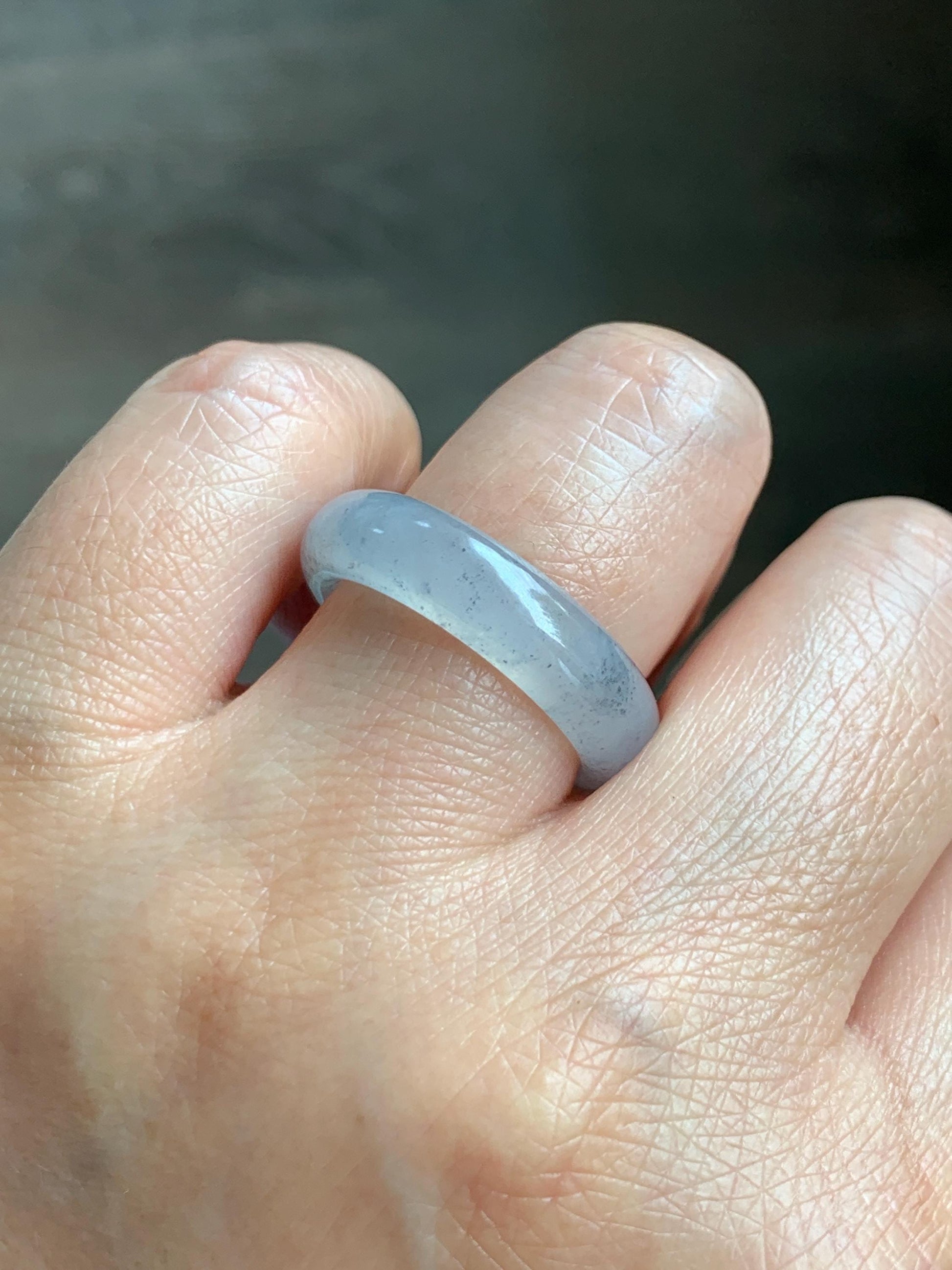 Certified Natural Grade A Icy Translucent Light Gray Wuji Jade Jadeite Jieyang Band Ring Comfort Fit Size 7.75 US 4.37g 天然冰胶起光淡乌鸡翡翠揭阳工戒圈 255