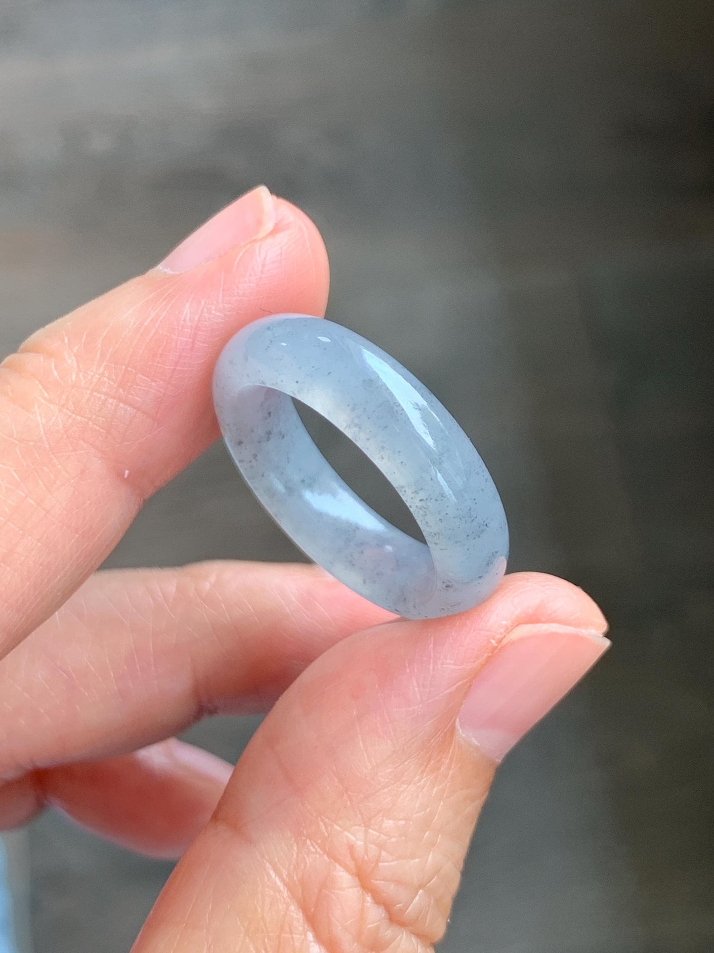 Certified Natural Grade A Icy Translucent Light Gray Wuji Jade Jadeite Jieyang Band Ring Comfort Fit Size 7.75 US 4.37g 天然冰胶起光淡乌鸡翡翠揭阳工戒圈 255