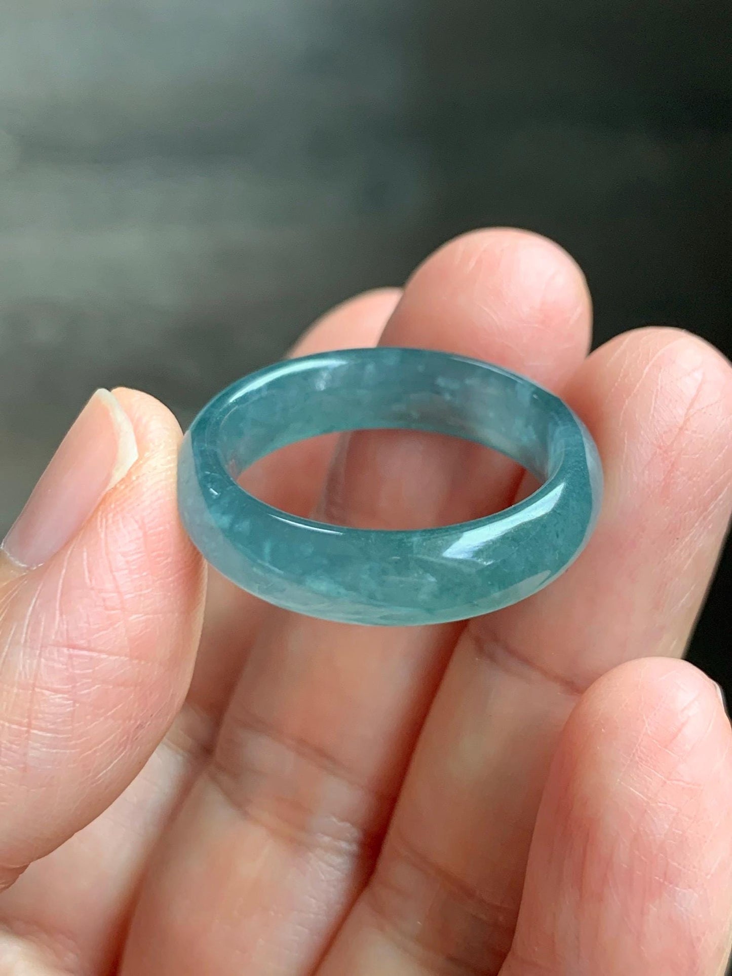 Natural Guatemalan Grade A Icy Translucent Teal Blue Jade Jadeite Jieyang Band Ring Comfort Fit Size 9.75 US 4g 天然冰胶危蓝翡翠揭阳工戒圈 WJQ220B