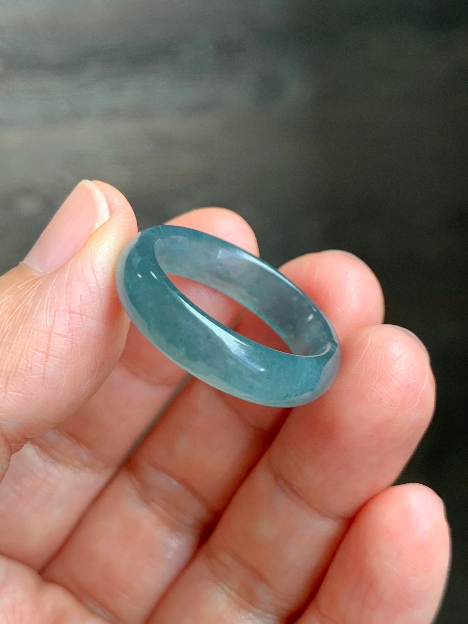 Natural Guatemalan Grade A Icy Translucent Teal Blue Jade Jadeite Jieyang Band Ring Comfort Fit Size 9.75 US 4g 天然冰胶危蓝翡翠揭阳工戒圈 WJQ220B